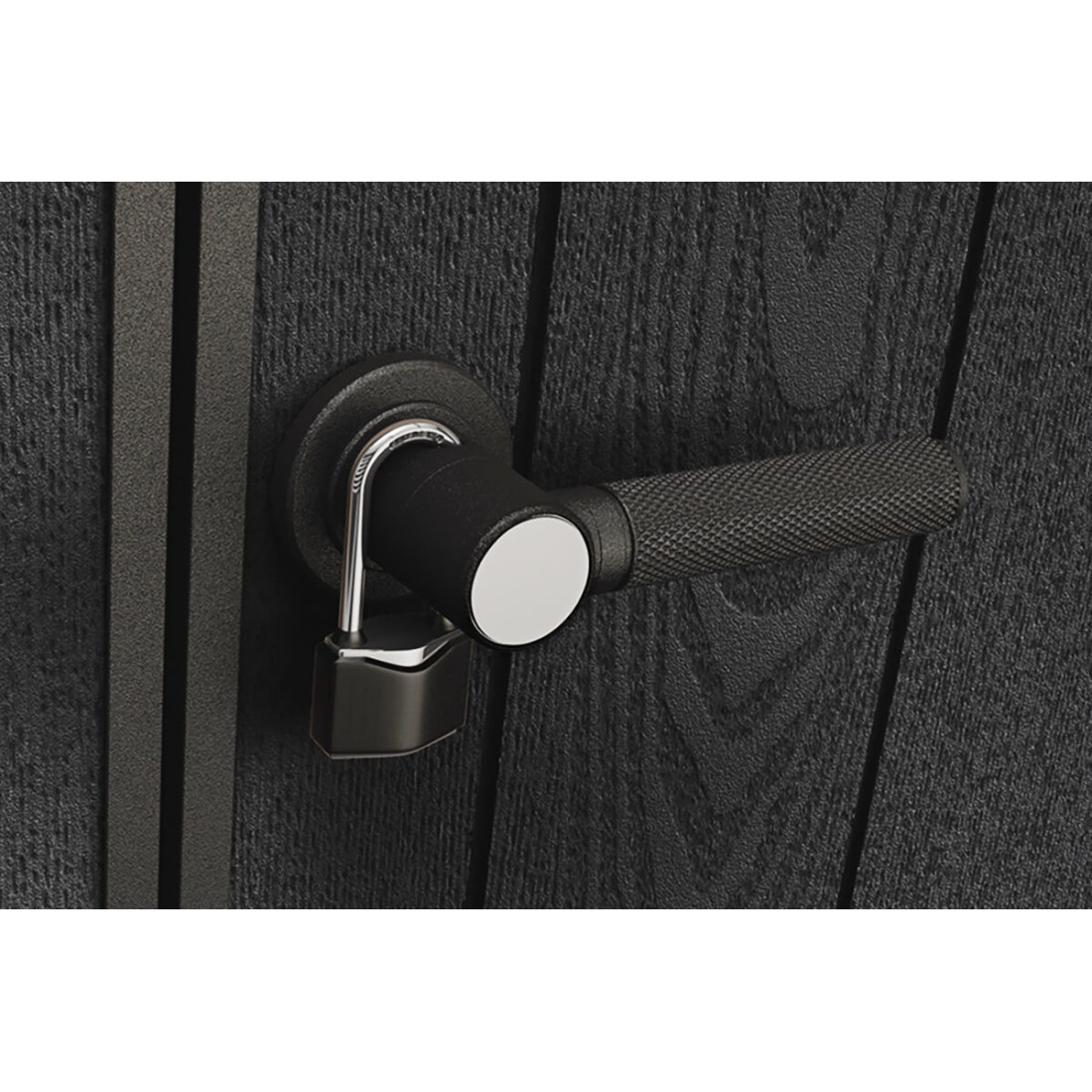 Zbliżenie na klamkę i kłódkę w domku narzędziowym