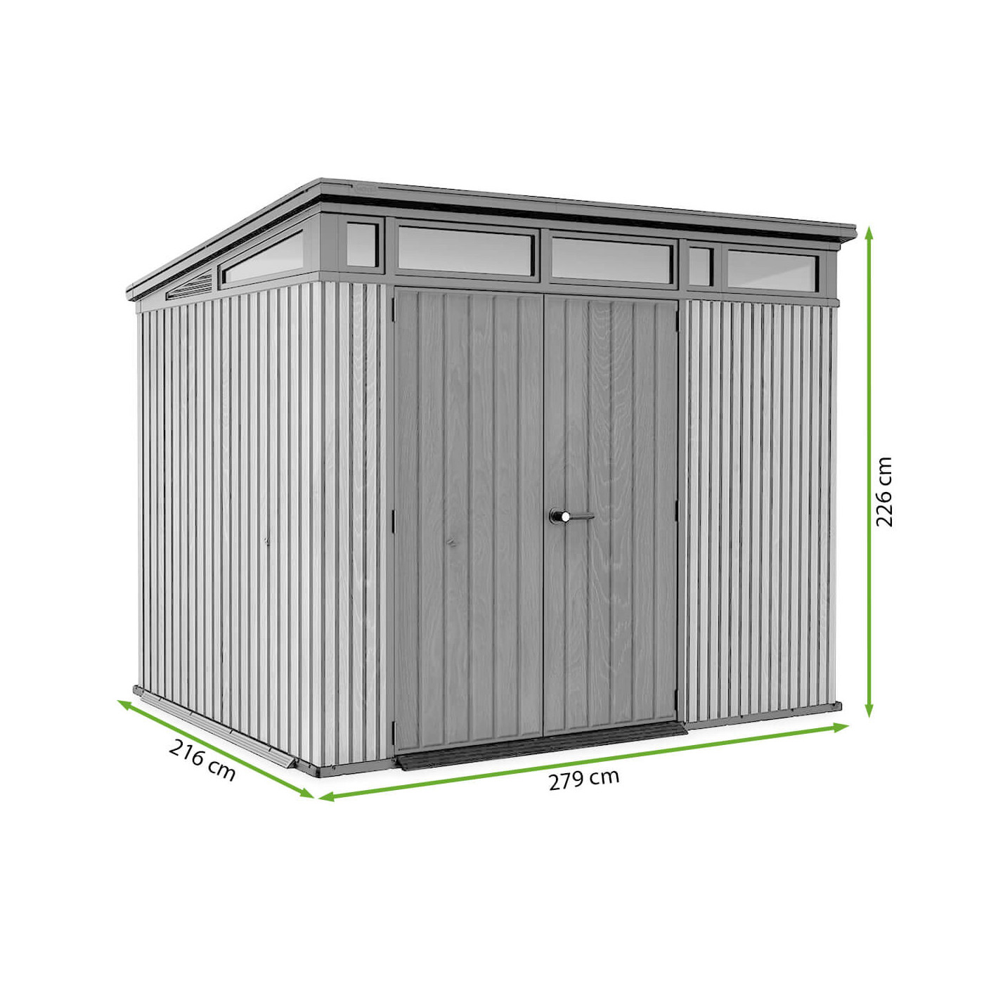 Rysunek z wymiarami domku narzędziowego PENTHOUSE 9x7 Grey Signature Collection od firmy Keter