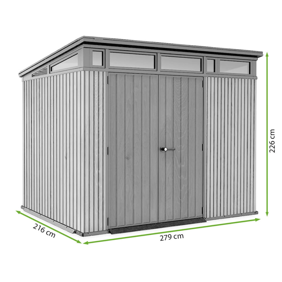 Rysunek z wymiarami domku narzędziowego PENTHOUSE 9x7 Grey Signature Collection od firmy Keter