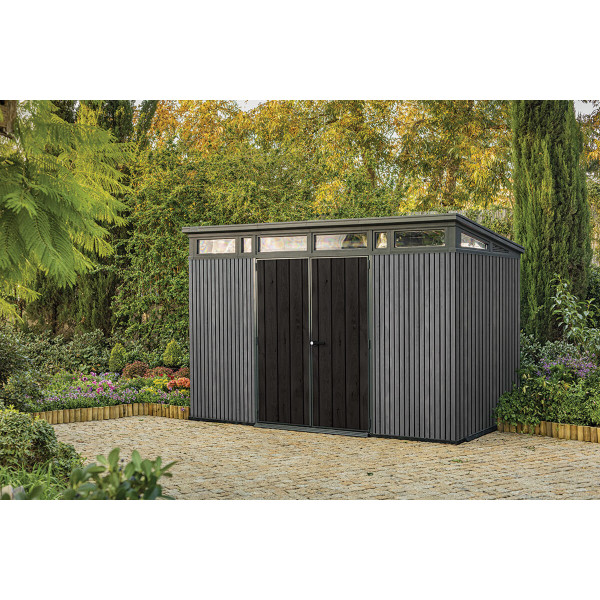 Wizualizacja antracytowego domku narzędziowego w ogrodzie