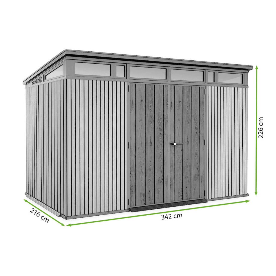 Rysunek z wymiarami domku narzędziowego PENTHOUSE 11x7 Grey Signature Collection od firmy Keter