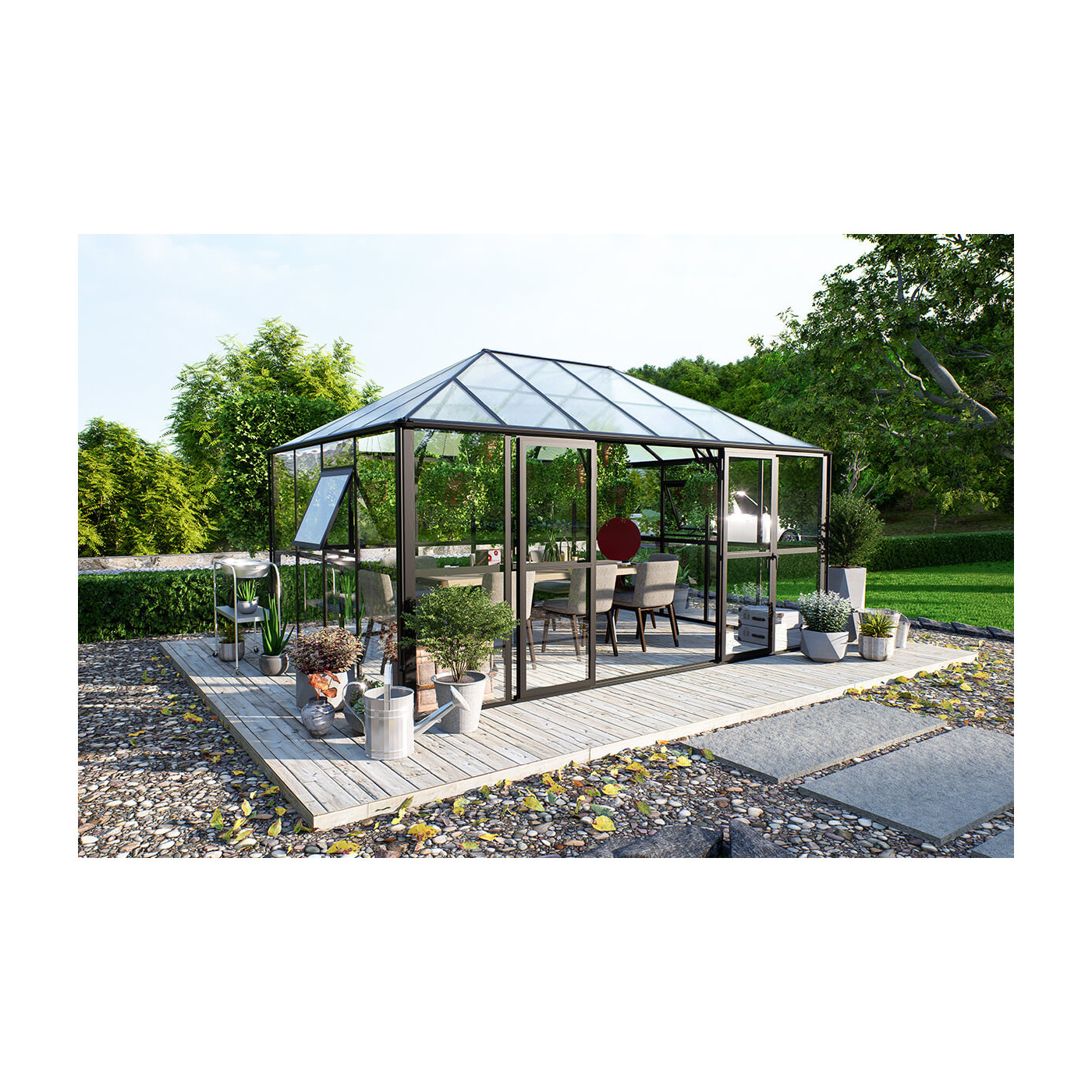 Ogród zimowy BROADWAY Black 436x295cm PC+ Glass - Gutroof - stojący w ogrodzie w pełnym słońcu, wśród zieleni 