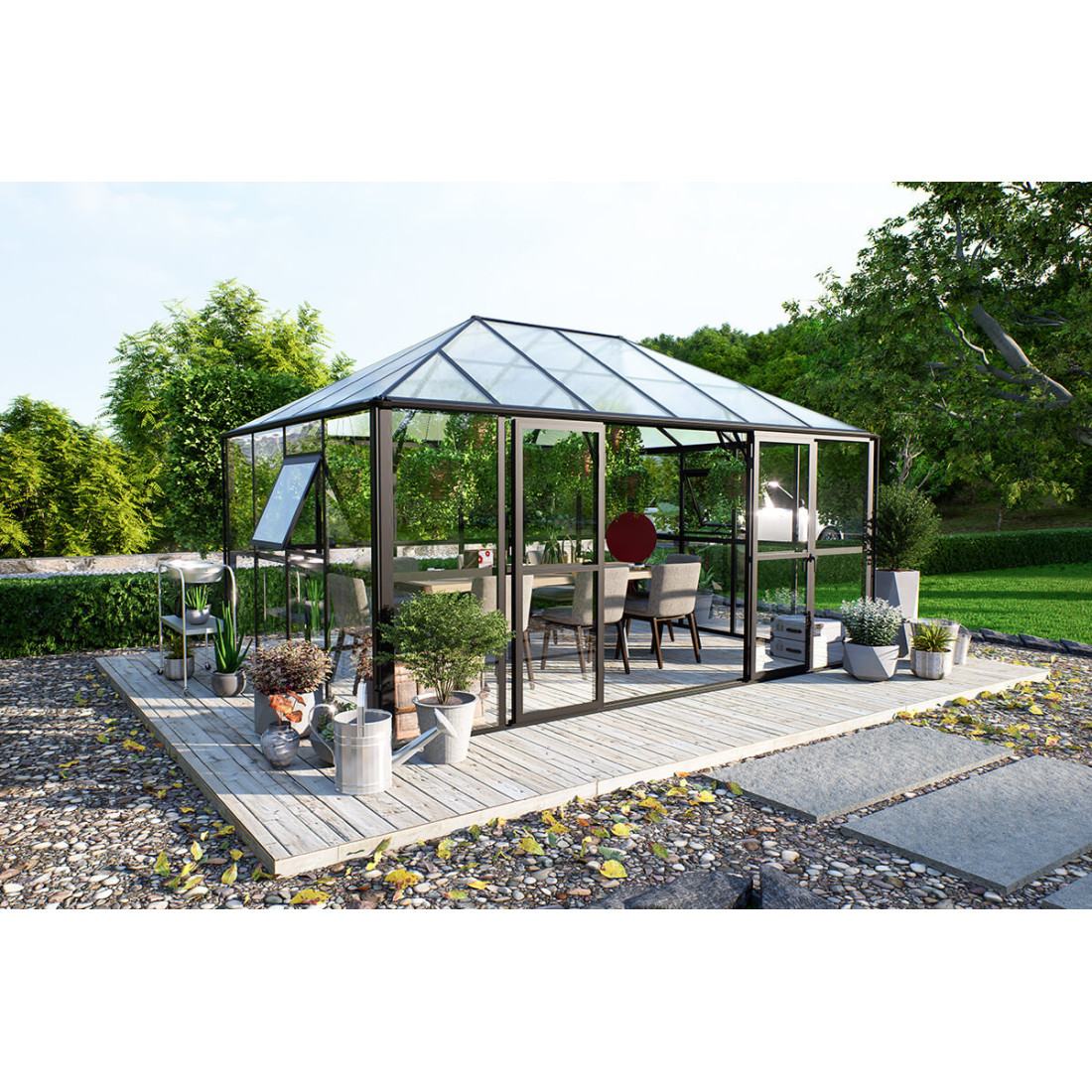 Ogród zimowy BROADWAY Black 436x295cm PC+ Glass - Gutroof - stojący w ogrodzie w pełnym słońcu, wśród zieleni 