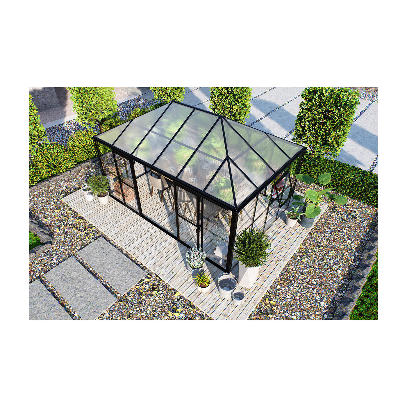 Widok z góry na czarny ogród zimowy Broadway 436x295cm z dachem z litego poliwęglanu