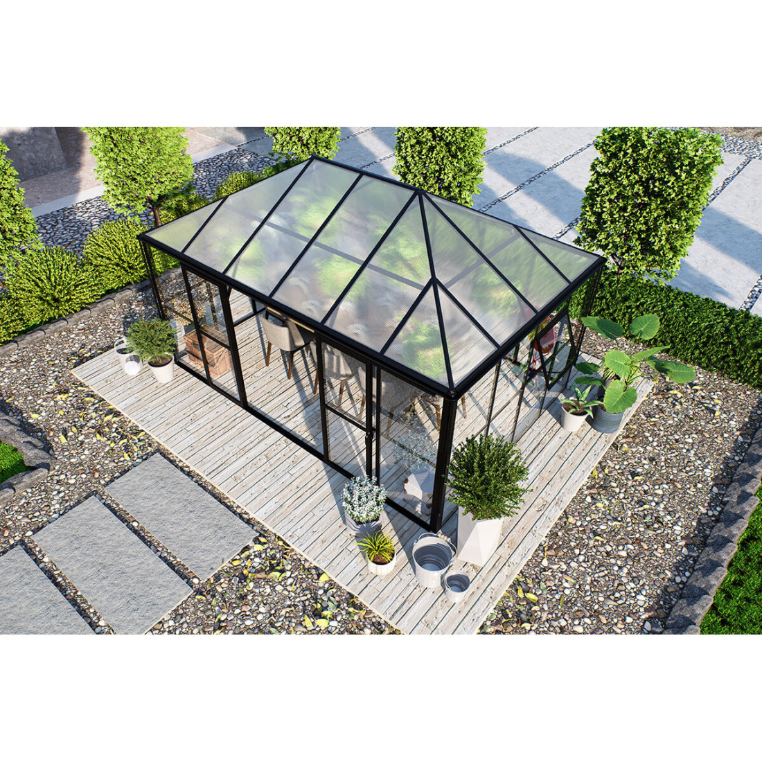 Widok z góry na czarny ogród zimowy Broadway 436x295cm z dachem z litego poliwęglanu