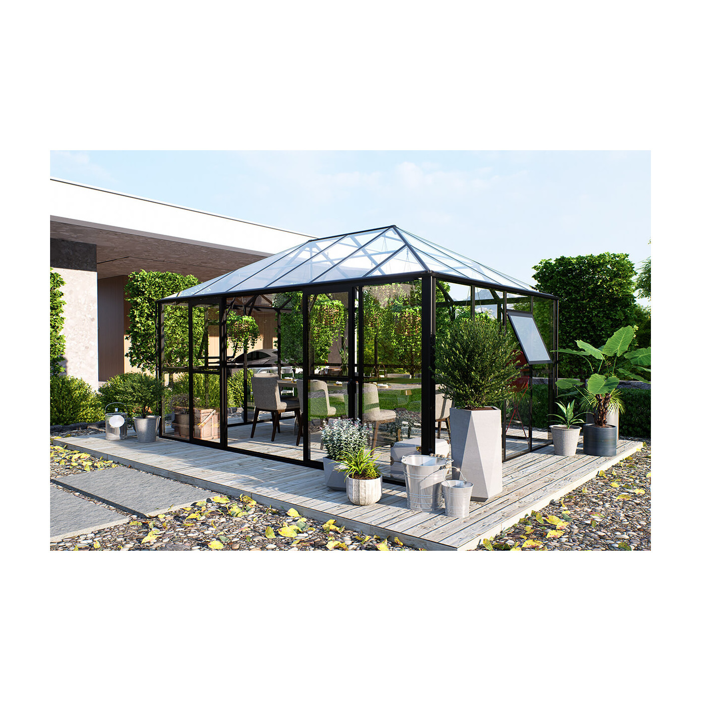 Ogród zimowy Broadway ozdobiony kwiatami i umeblowany jadalnianym zestawem ogrodowym obok fragment nowoczesnego domu