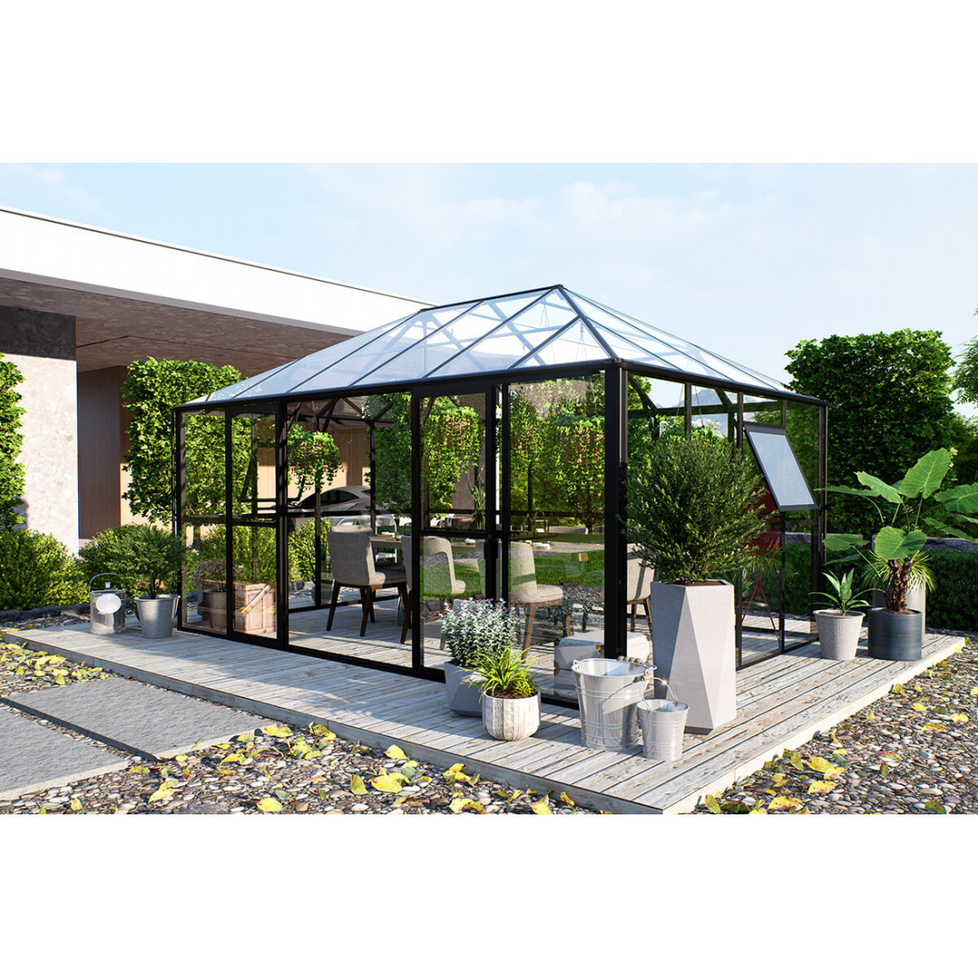 Ogród zimowy Broadway ozdobiony kwiatami i umeblowany jadalnianym zestawem ogrodowym obok fragment nowoczesnego domu