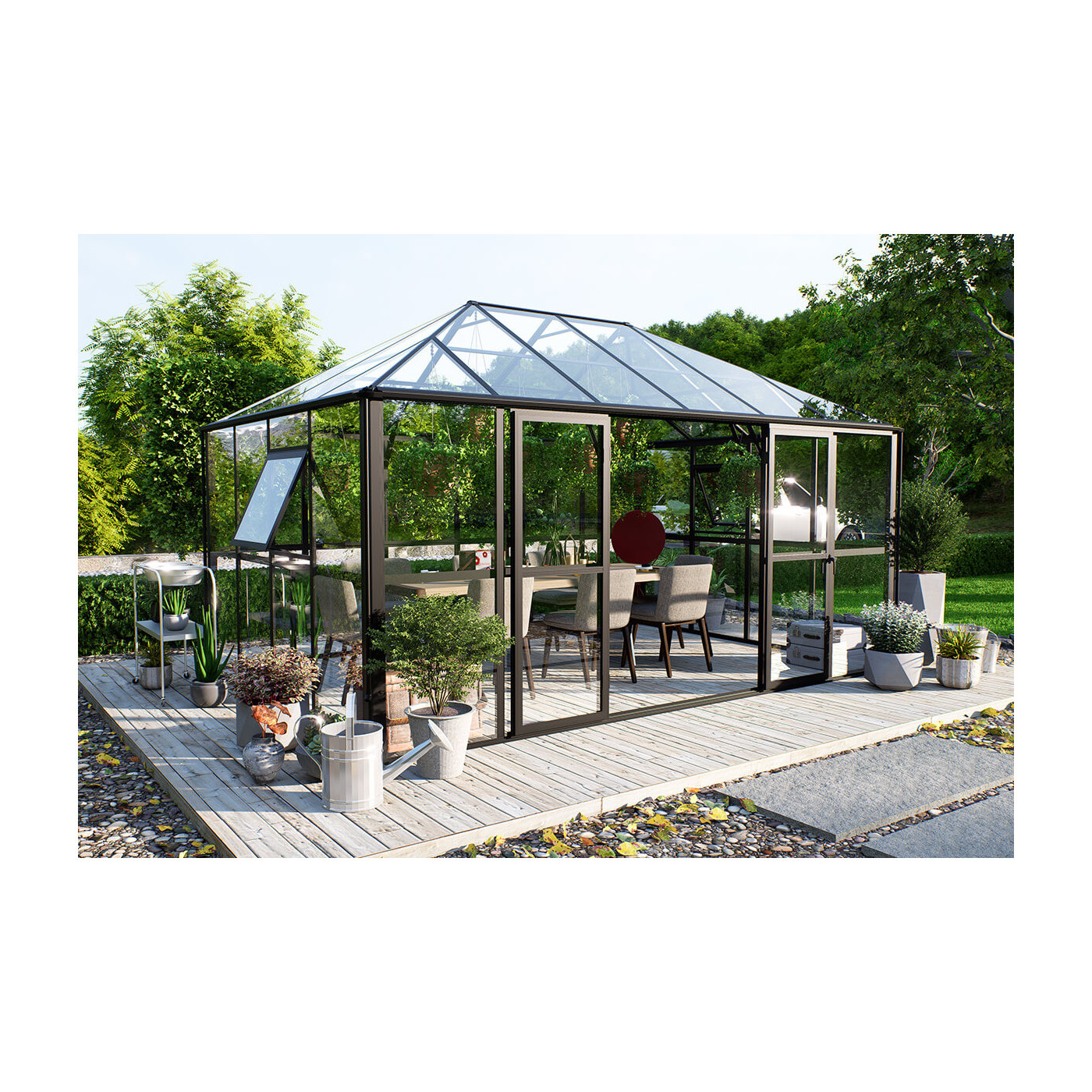 Oranżeria zimowa BROADWAY Black 436x295cm Solid PC+ Glass - Gutroof, czarna konstrukcja, oranżeria na ogrodzie