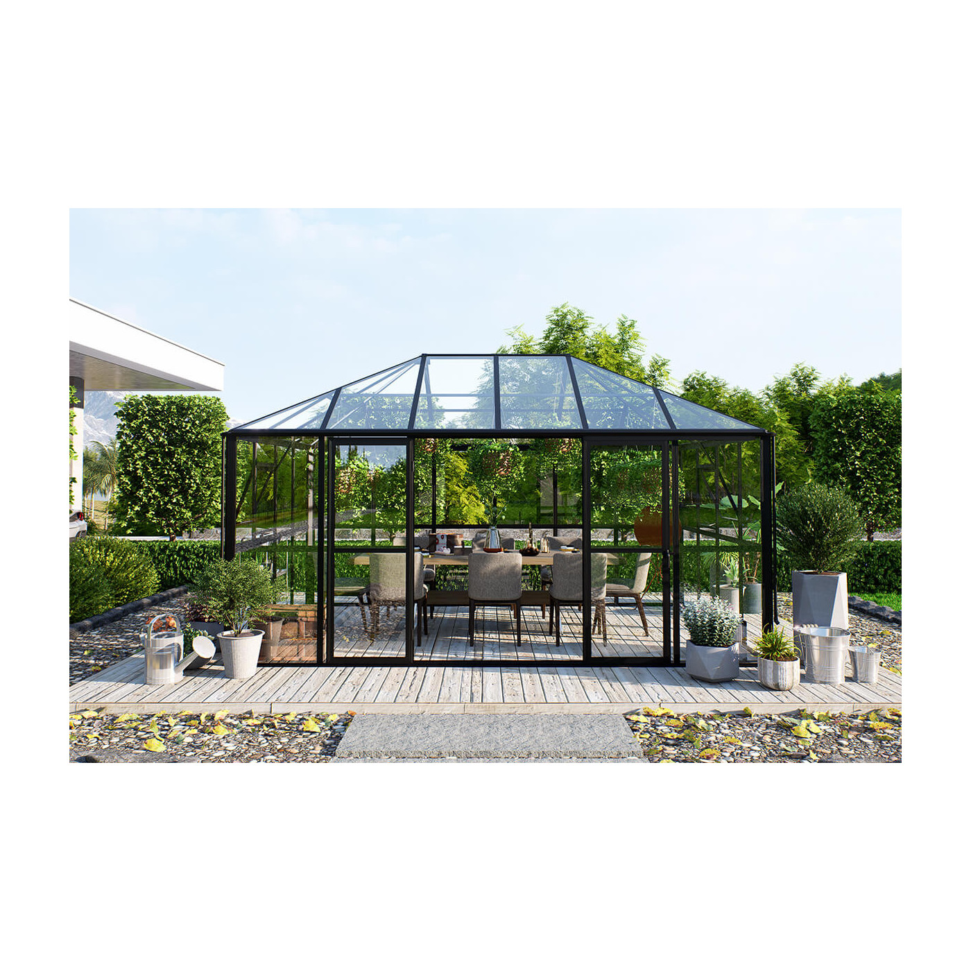 Oranżeria zimowa BROADWAY Black 436x295cm Solid PC+ Glass - Gutroof, czarna konstrukcja, oranżeria na ogrodzie