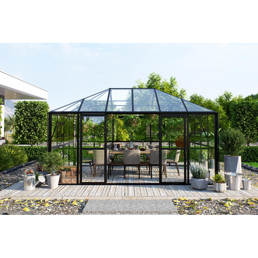 Oranżeria zimowa BROADWAY Black 436x295cm Solid PC+ Glass - Gutroof, czarna konstrukcja, oranżeria na ogrodzie