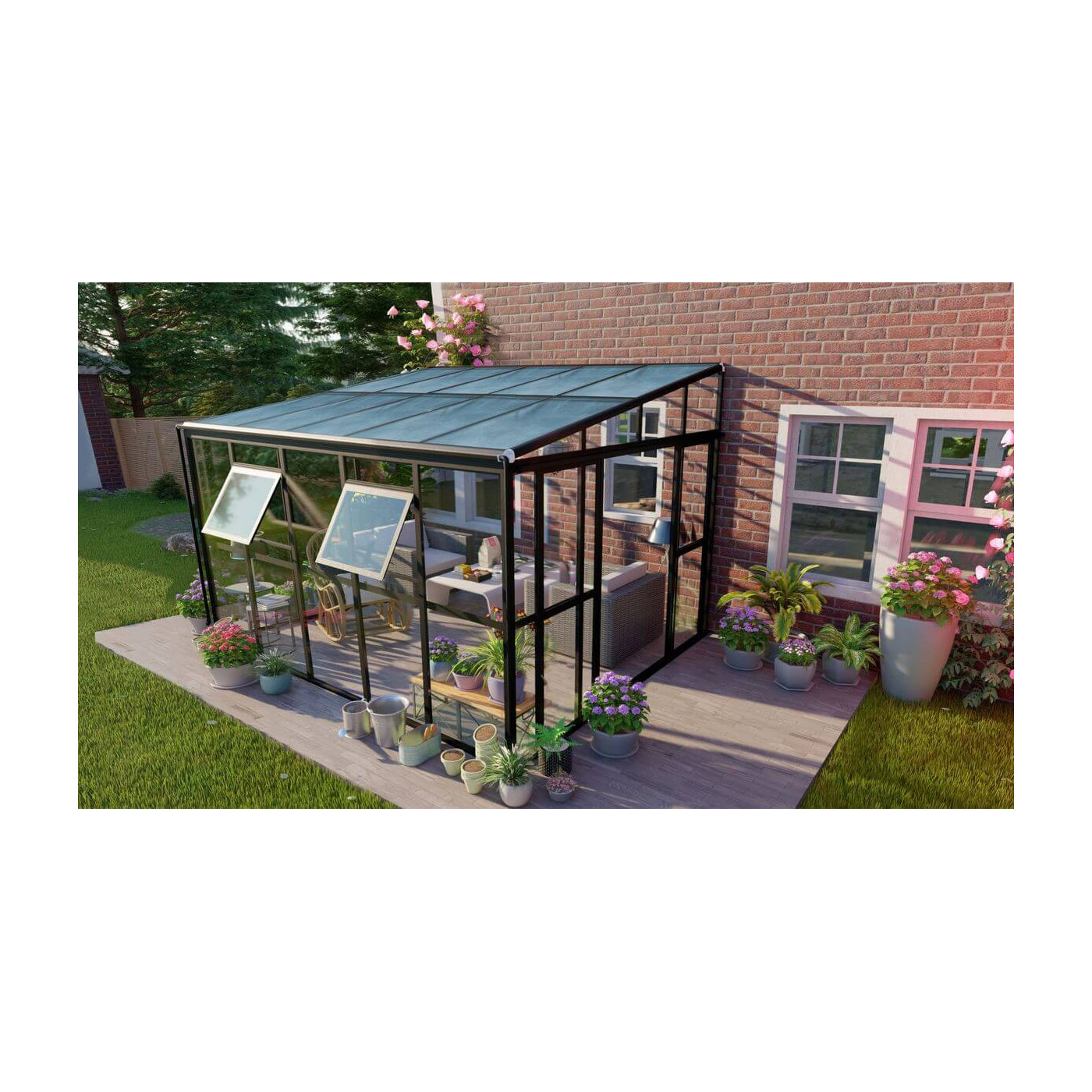Ogród zimowy SOHO Black 364x290cm PC + Glass - Gutroof aranżacja przy domu wśród roślin i kwiatów, szklana konstrukcja