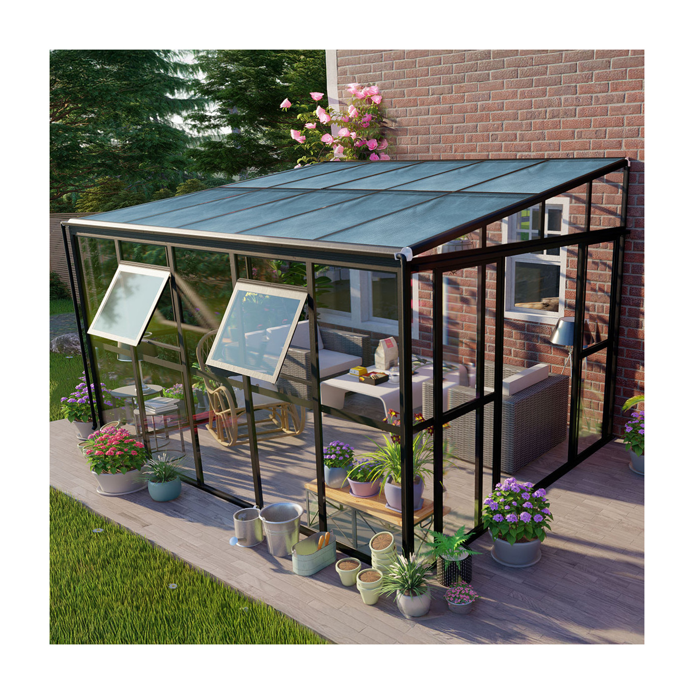 Ogród zimowy SOHO Black 364x290cm PC + Glass - Gutroof aranżacja przy domu wśród roślin i kwiatów, szklana konstrukcja