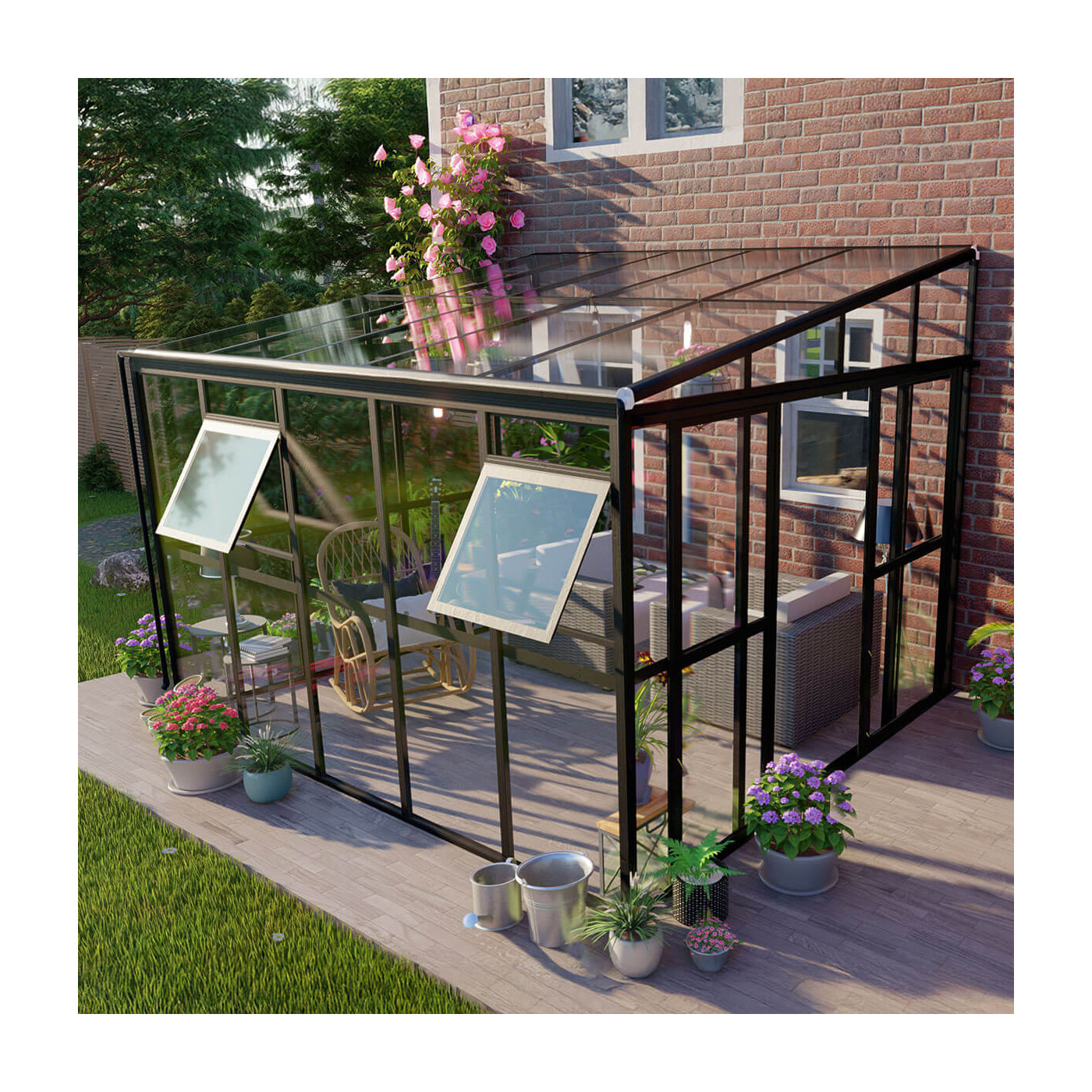 Oranżeria SOHO Black 364x290cm Solid PC + Glass - Gutroof, ogród zimowy przy domu, aranżacja wśród roślin i kwiatów