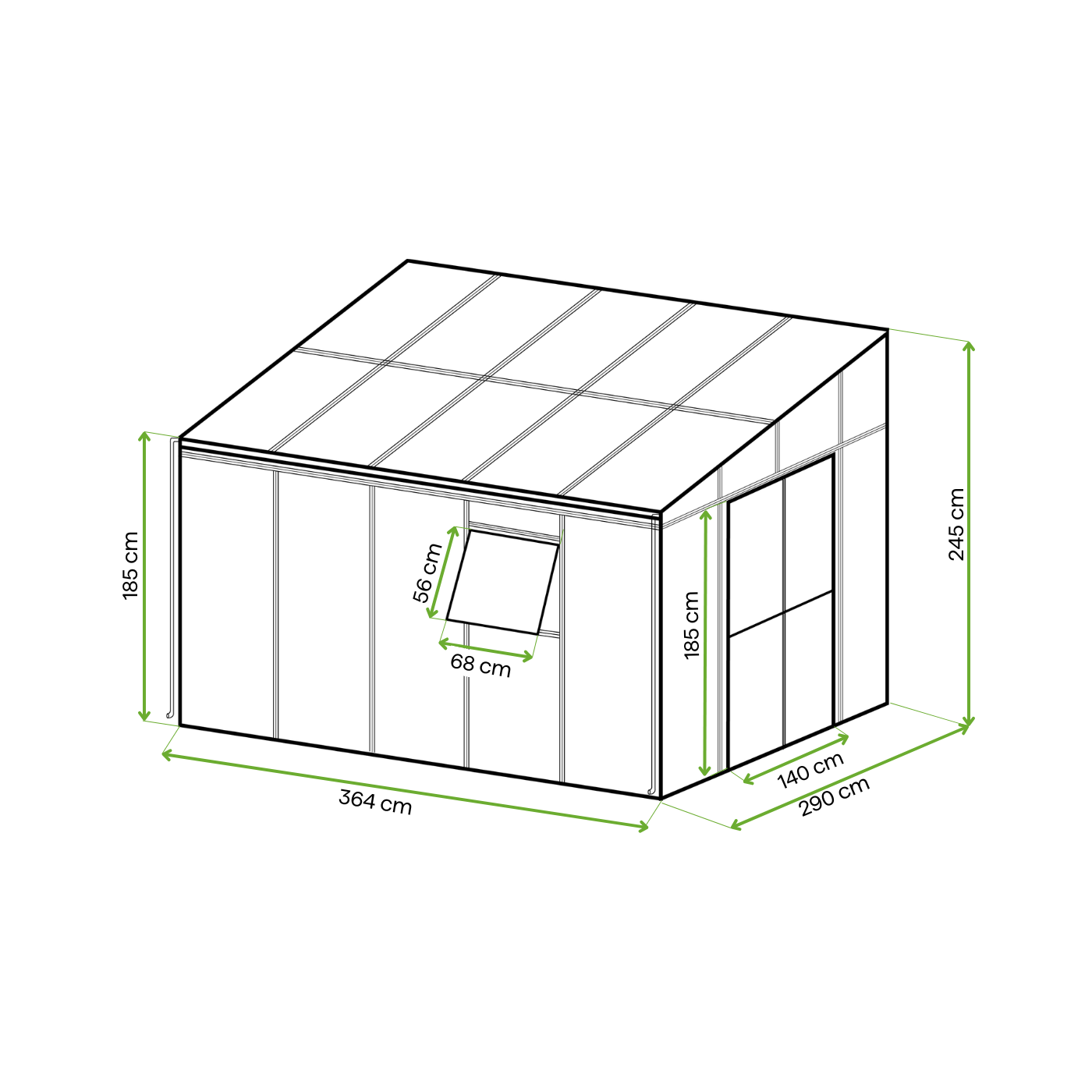 Wymiary Oranżeria SOHO Black 364x290cm Solid PC + Glass - Gutroof, szkło hartowane przezroczyste, czarna konstrukcja z bliska