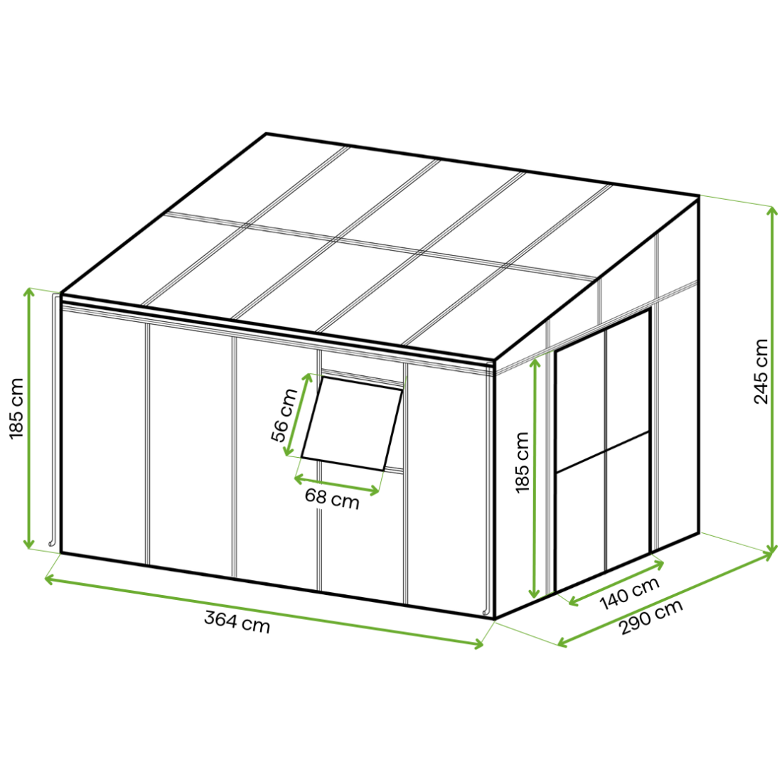 Wymiary Oranżeria SOHO Black 364x290cm Solid PC + Glass - Gutroof, szkło hartowane przezroczyste, czarna konstrukcja z bliska