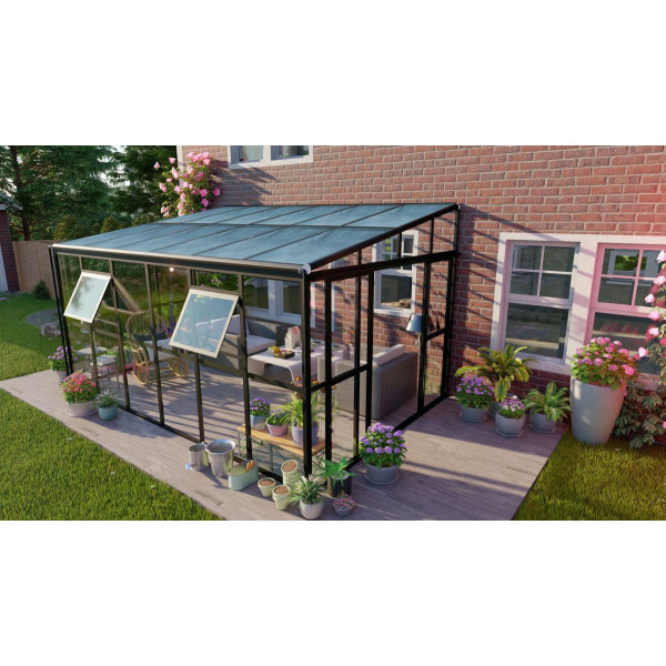 Oranżeria SOHO Black 434x290cm PC + Glass - Gutroof, widok z góry, aranżacja w ogrodzie, szklana konstrukcja