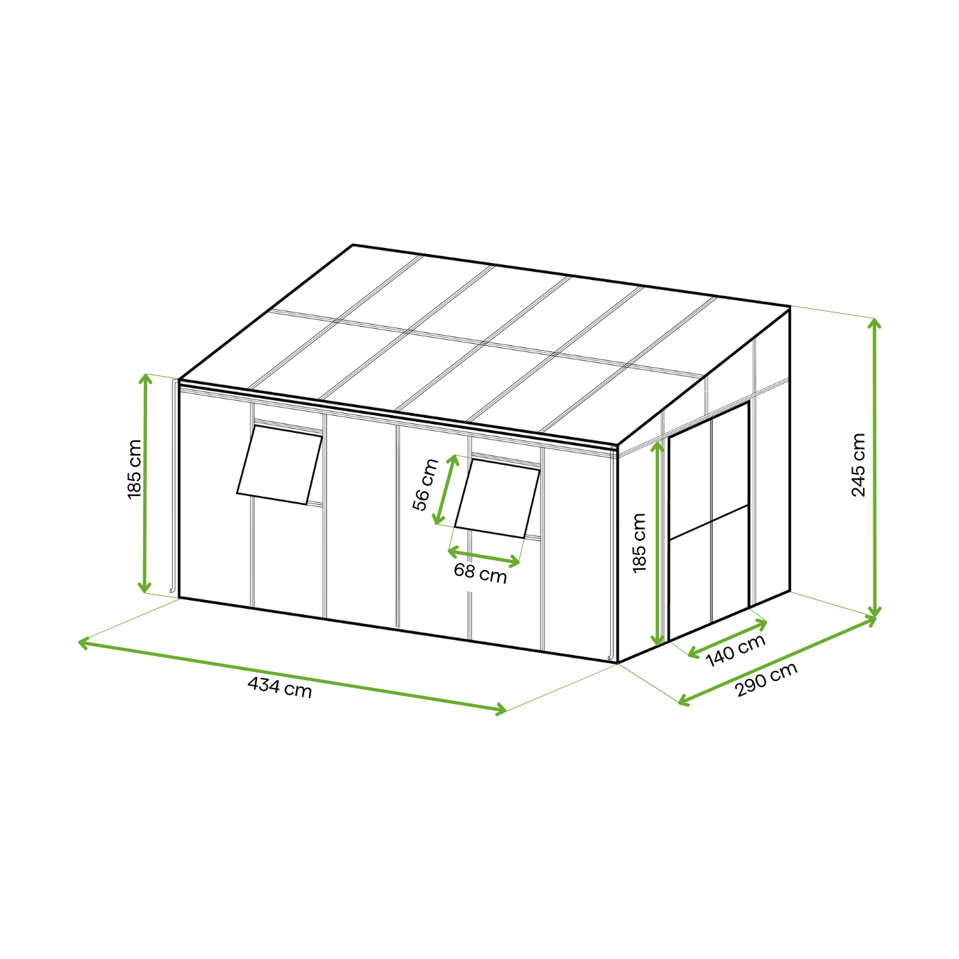 Wymiary Oranżeria SOHO Black 434x290cm PC + Glass - Gutroof