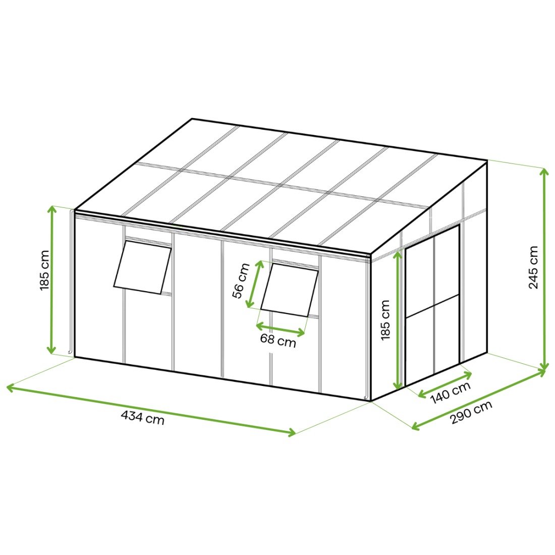 Wymiary Oranżeria SOHO Black 434x290cm PC + Glass - Gutroof