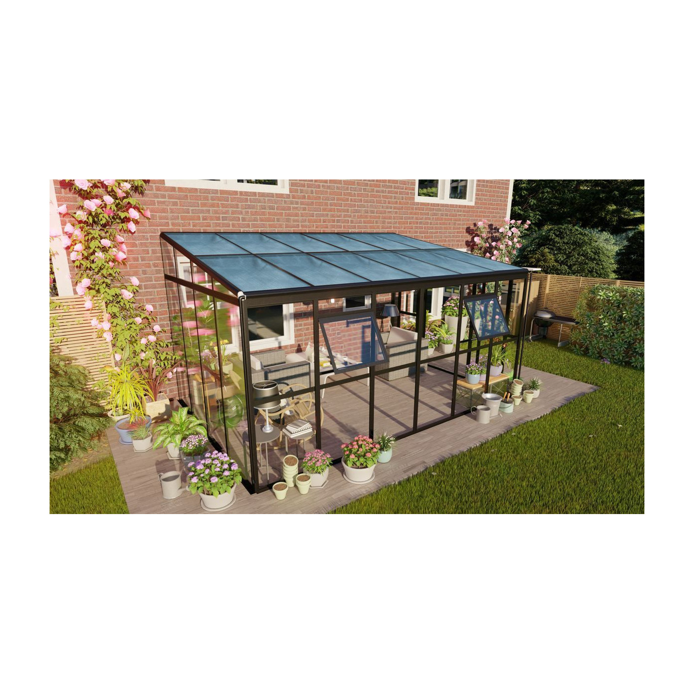 Oranżeria SOHO Black 434x290cm PC + Glass - Gutroof aranżacja w ogrodzie, wśród kwiatów i roślin