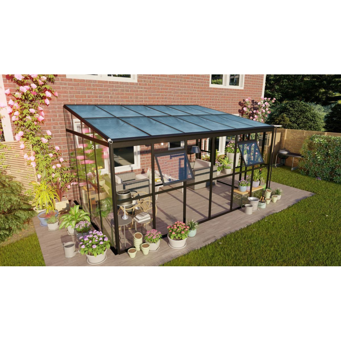 Oranżeria SOHO Black 434x290cm PC + Glass - Gutroof aranżacja w ogrodzie, wśród kwiatów i roślin