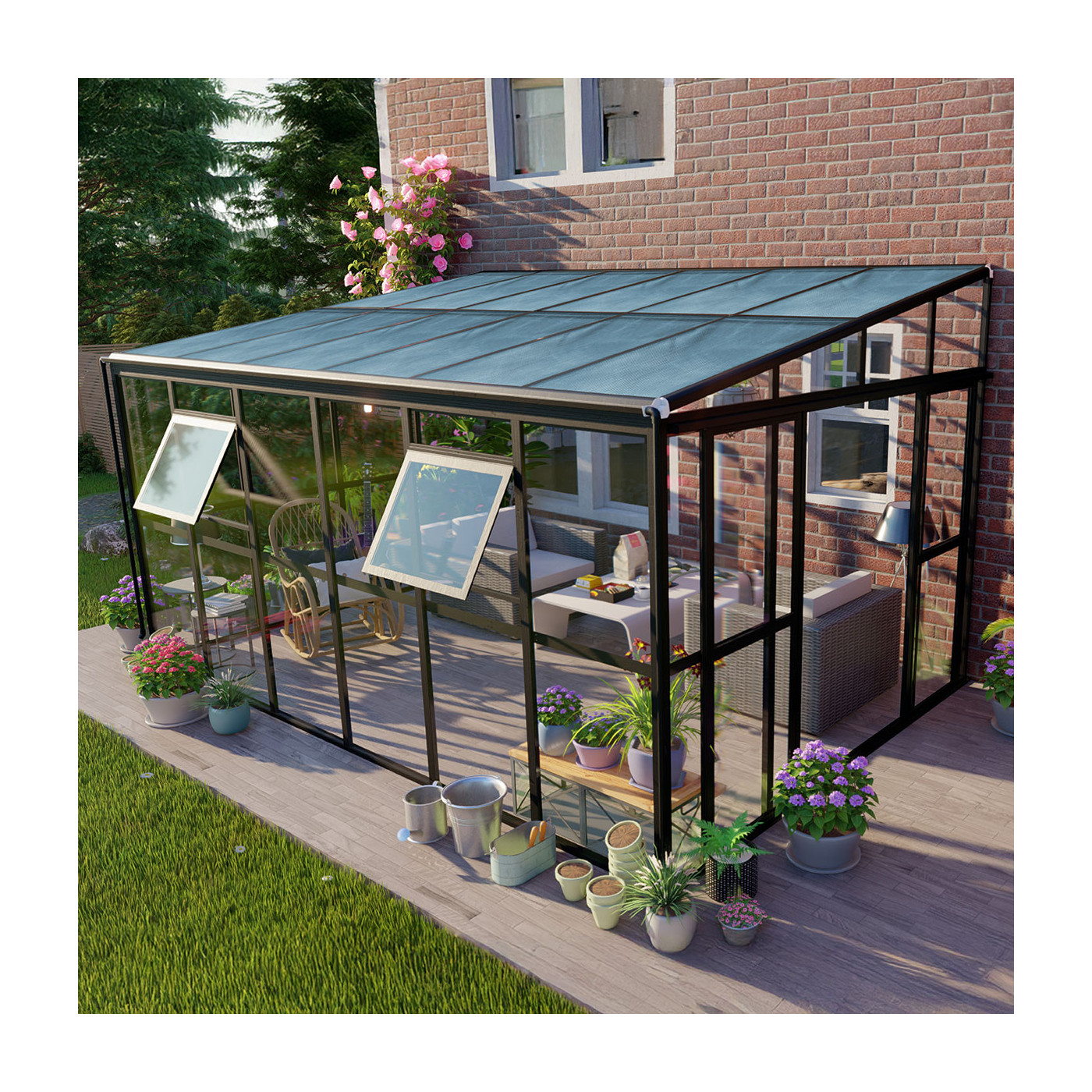 Oranżeria SOHO Black 434x290cm PC + Glass - Gutroof, aranżacja w ogrodzie, szklana konstrukcja, szklany przezroczysty dach