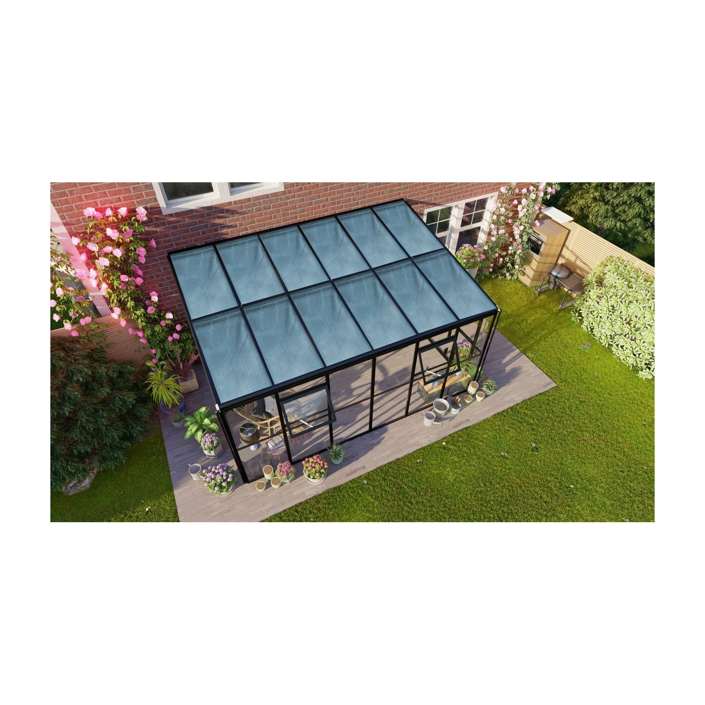 Oranżeria SOHO Black 434x290cm PC + Glass - Gutroof aranżacja w ogrodzie, wśród kwiatów i roślin