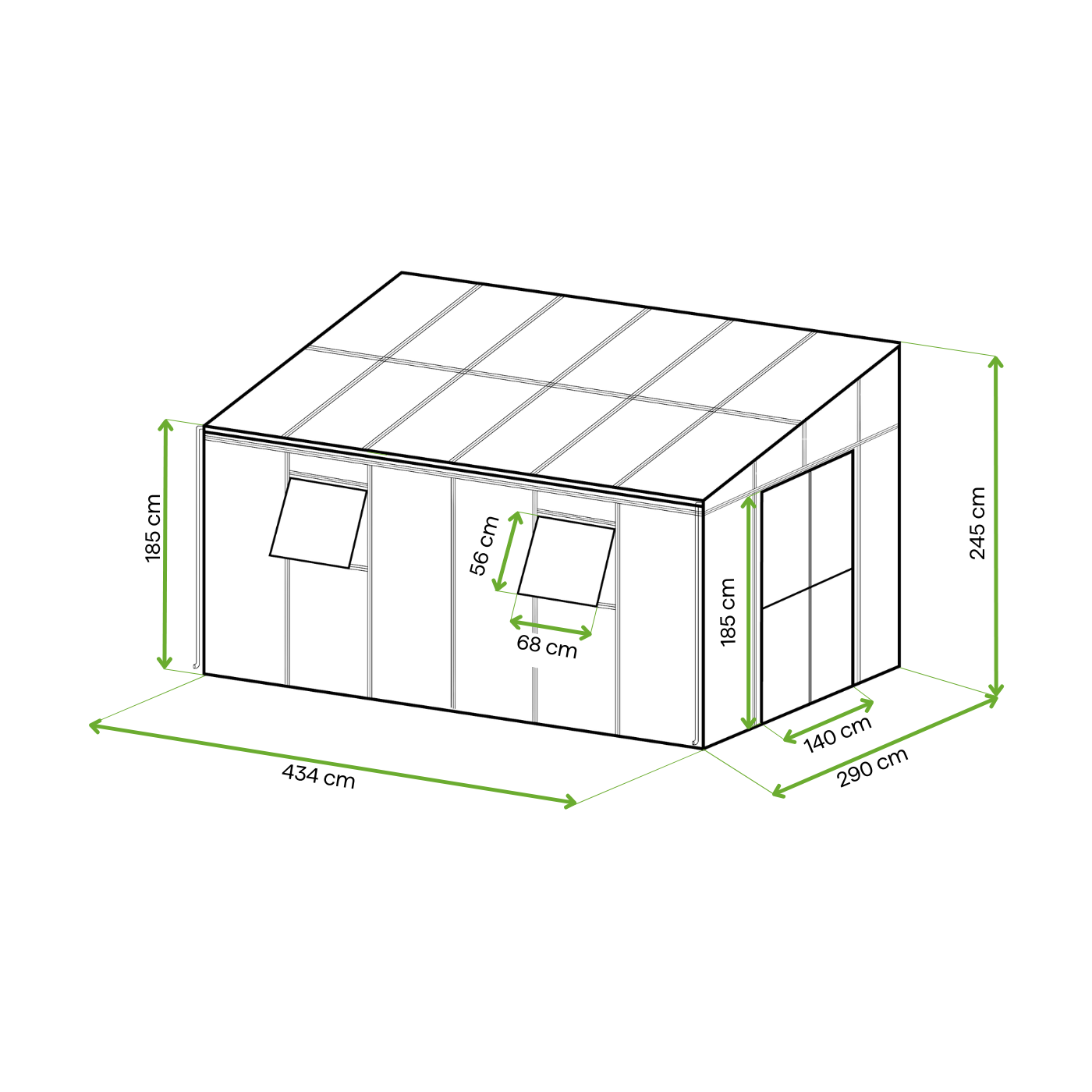 Wymiary ogród zimowy SOHO Black 434x290cm Solid PC + Glass - Gutroof