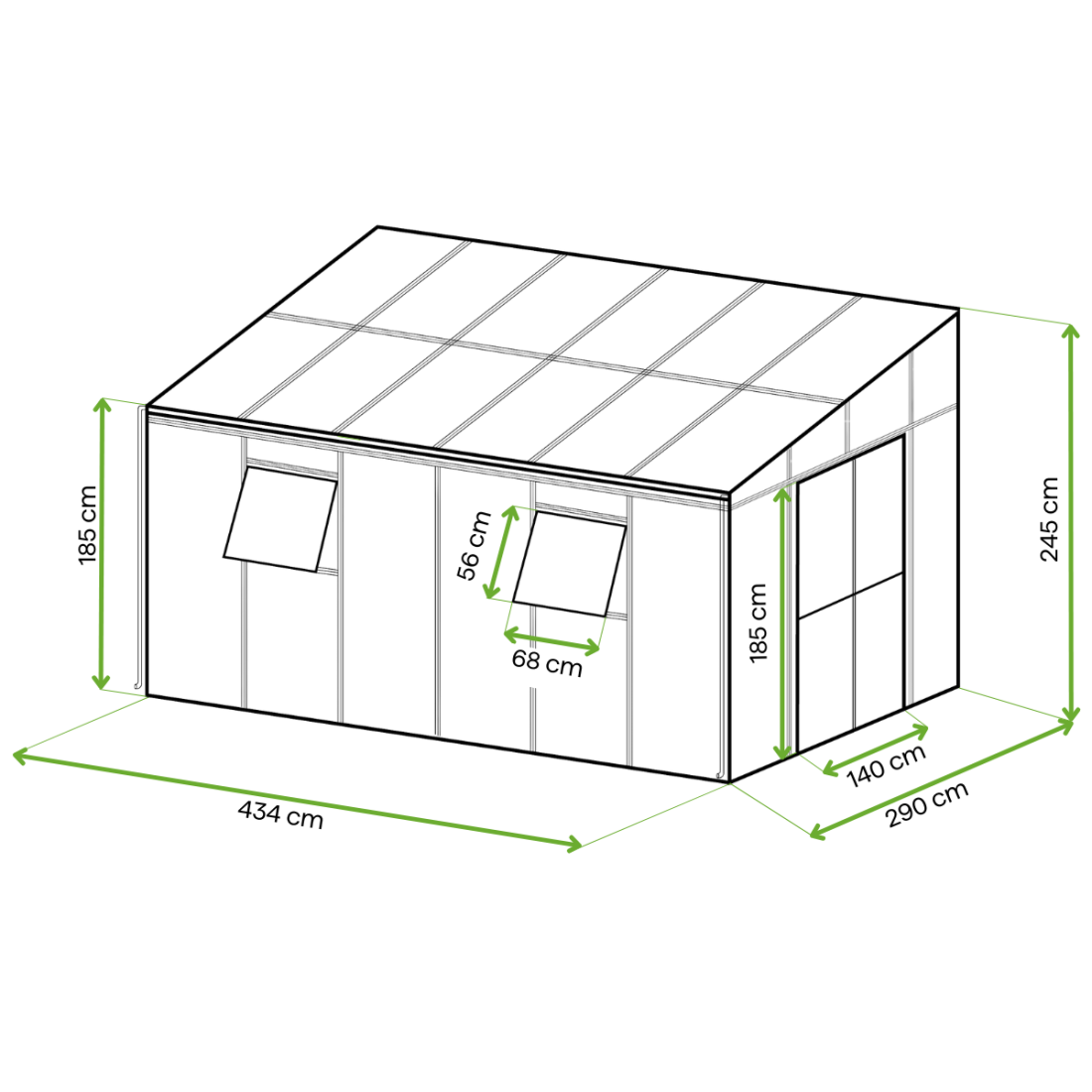 Wymiary ogród zimowy SOHO Black 434x290cm Solid PC + Glass - Gutroof