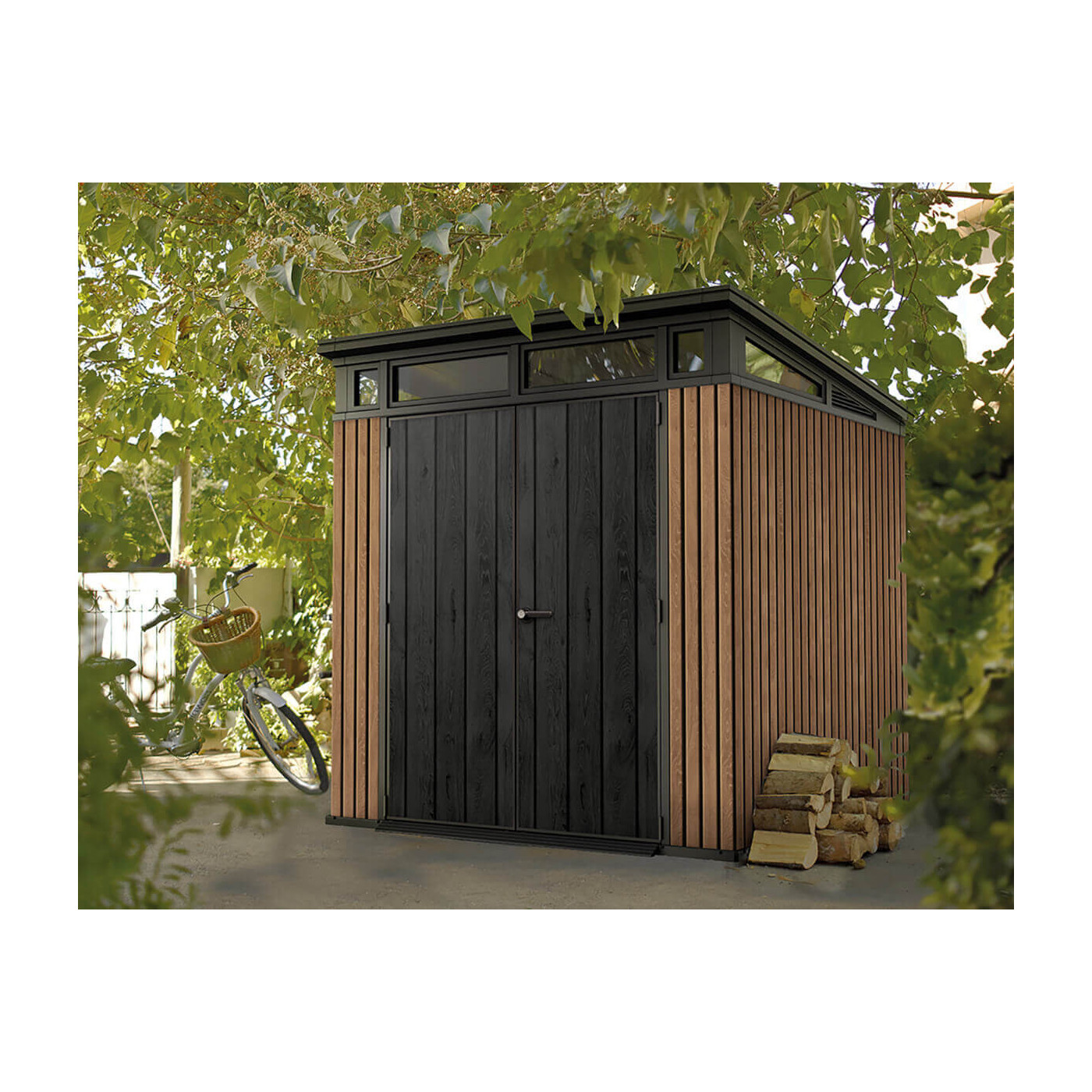 Wizualizacja brązowego domku narzędziowego w ogrodzie