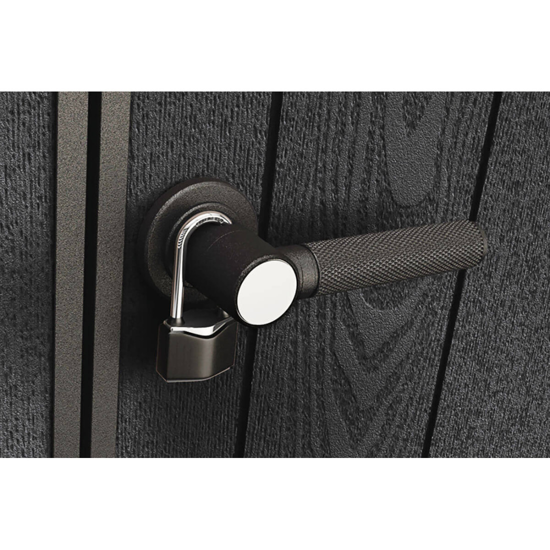 Zbliżenie na klamkę i kłódkę w domku narzędziowym