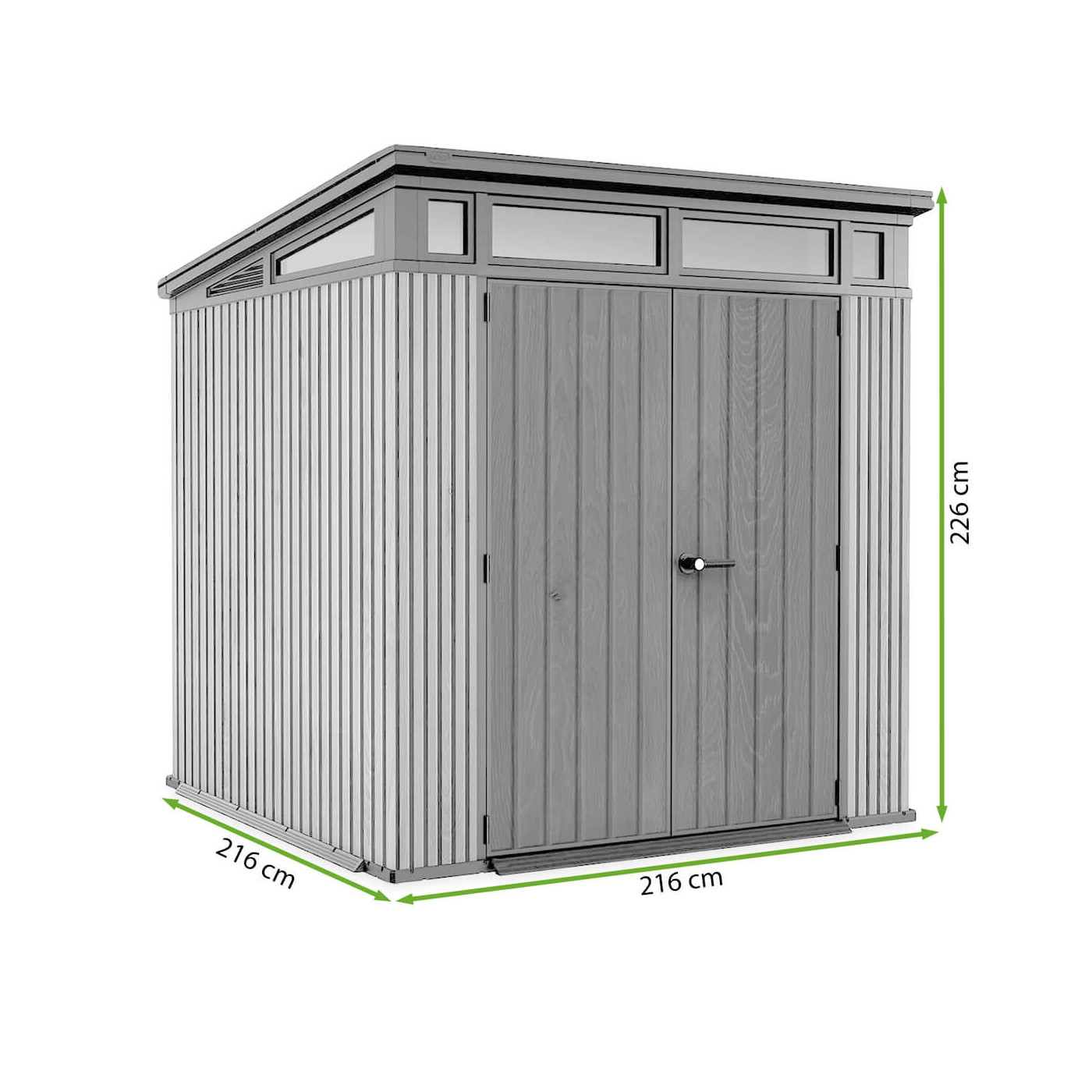 Rysunek z wymiarami domku narzędziowego PENTHOUSE 7x7 Brown Signature Collection od firmy Keter