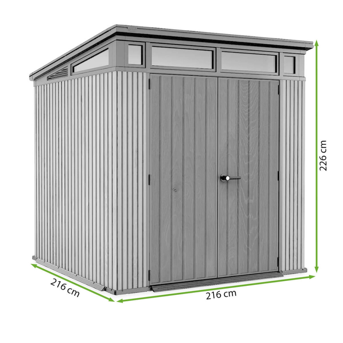 Rysunek z wymiarami domku narzędziowego PENTHOUSE 7x7 Brown Signature Collection od firmy Keter