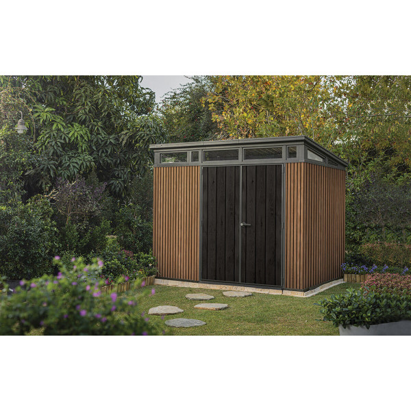 Wizualizacja brązowego domku narzędziowego w ogrodzie