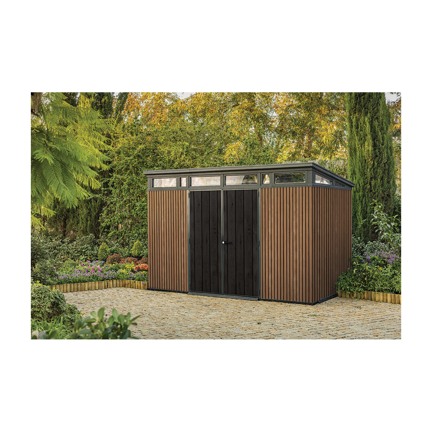 Wizualizacja brązowego domku narzędziowego w ogrodzie