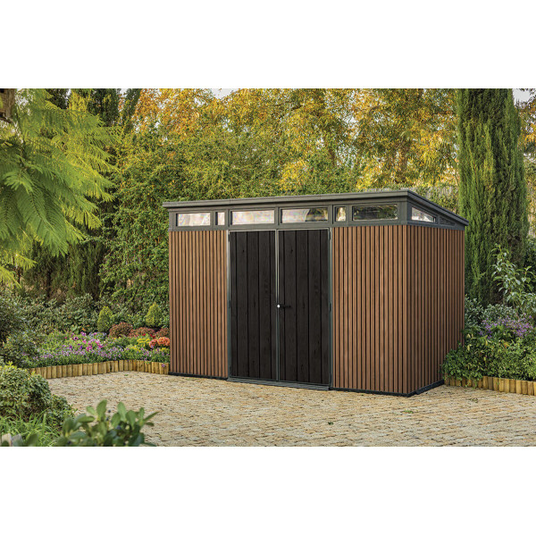 Wizualizacja brązowego domku narzędziowego w ogrodzie