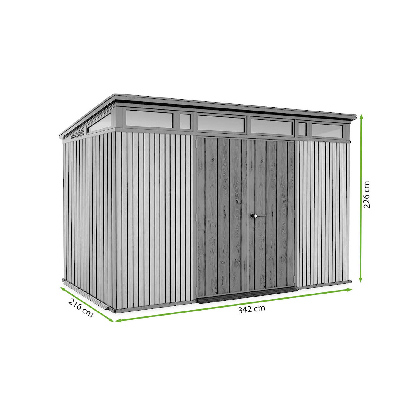 Rysunek z wymiarami domku narzędziowego PENTHOUSE 11x7 Brown Signature Collection od firmy Keter