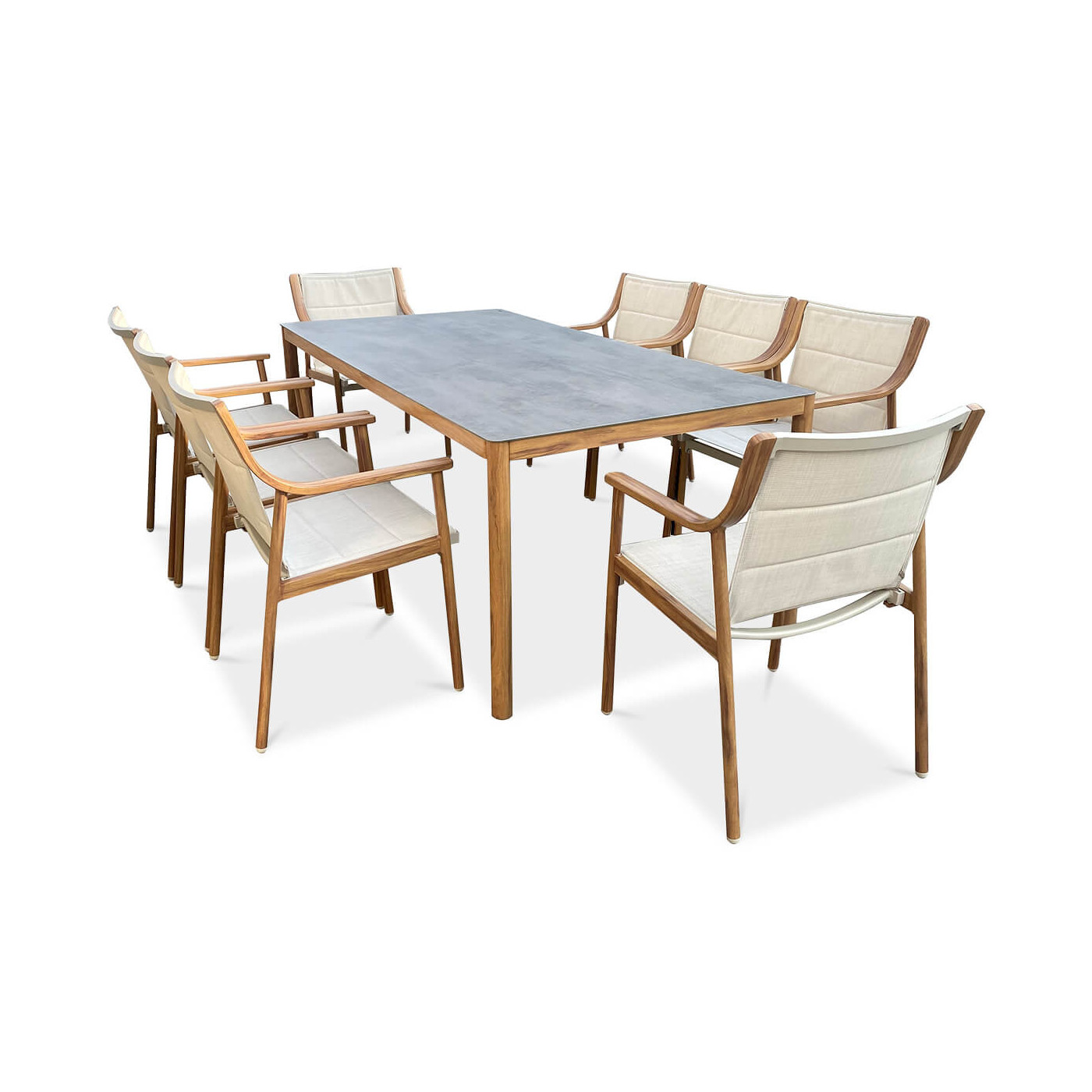 ośmioosobowy zestaw jadalniany w kolorze beżowym i konstrukcją w stylu wood look na taras pattaya dining