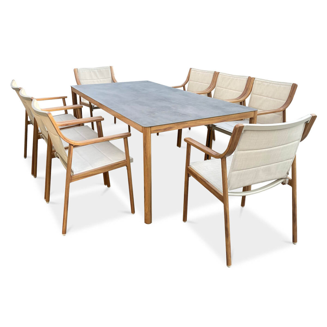 ośmioosobowy zestaw jadalniany w kolorze beżowym i konstrukcją w stylu wood look na taras pattaya dining