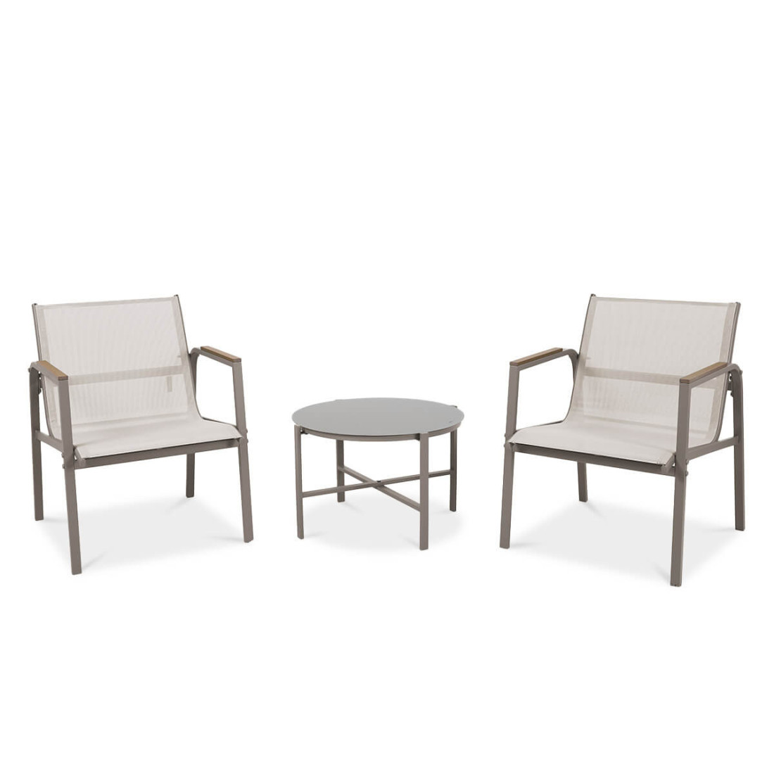 zestaw mebli mango w kolorze taupe - dwa krzesła i stolik kawowy