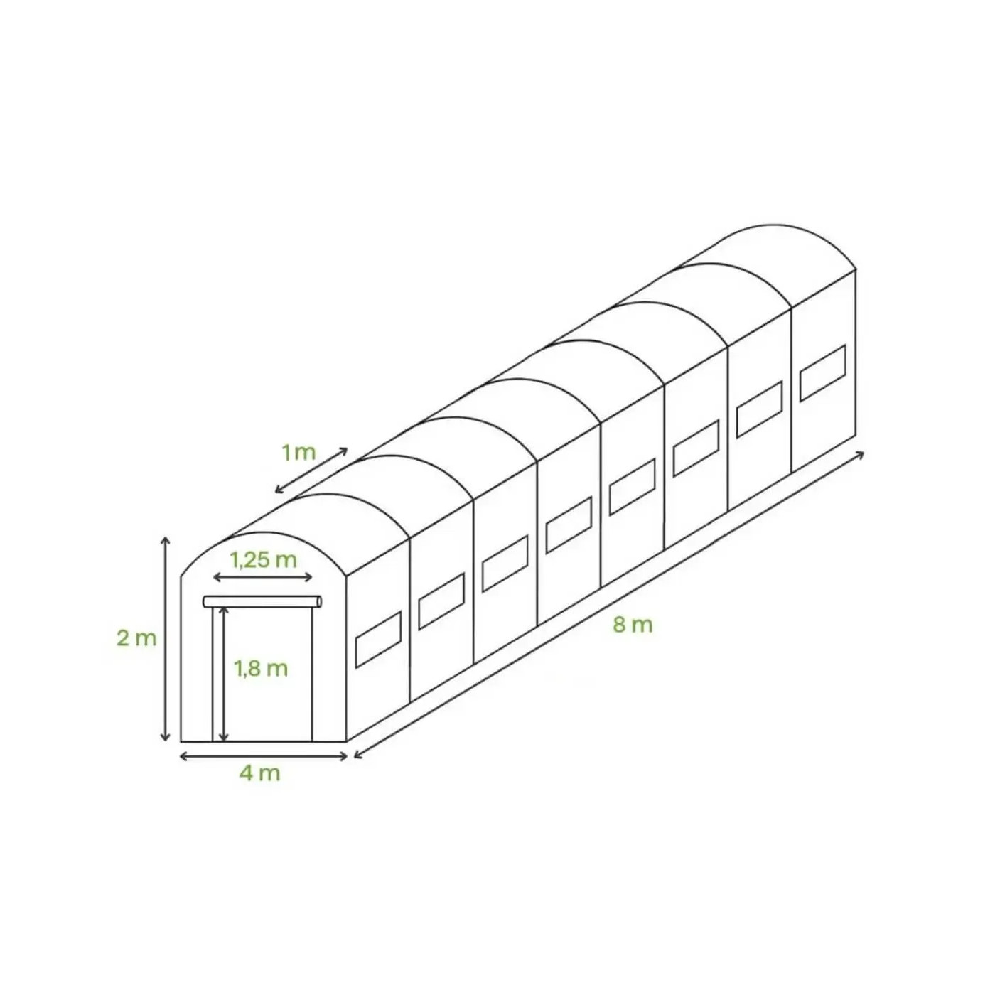Wymiary tunelu ogrodowego 4x8x2 - 32m2 z podwójnymi drzwiami 