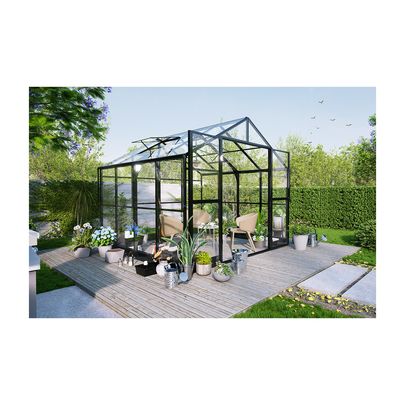 Aranżacja na nowoczesnym tarasie szklarni z poliwęglanu premium solid pc ozdobionej roślinami