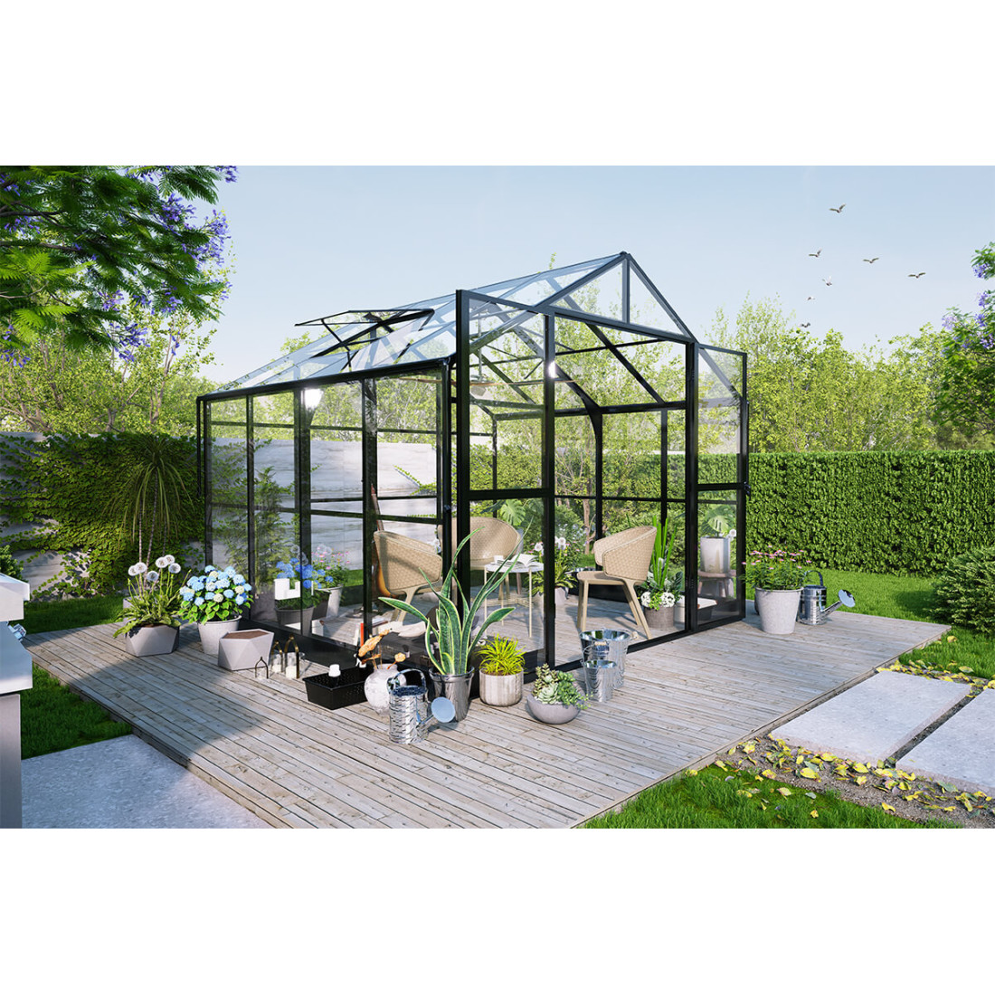 Aranżacja na nowoczesnym tarasie szklarni z poliwęglanu premium solid pc ozdobionej roślinami