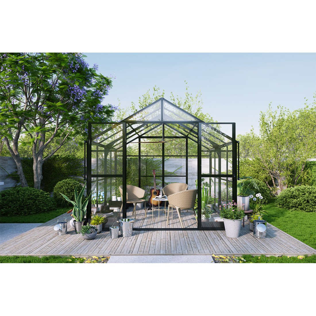 Czarna szklarnia poliwęglanowa solid pc premium na drewnianym tarasie w środku szklarni stylowy zestaw jadalniany