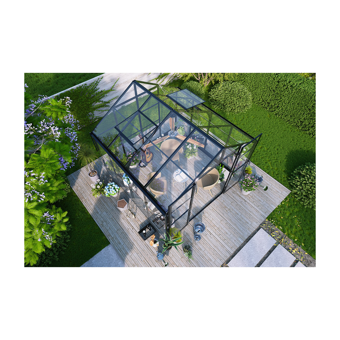 widok z góry na kwadratową szklarnie z poliwęglanu na drewnianej podstawie, wokół dużo roślin i zieleni