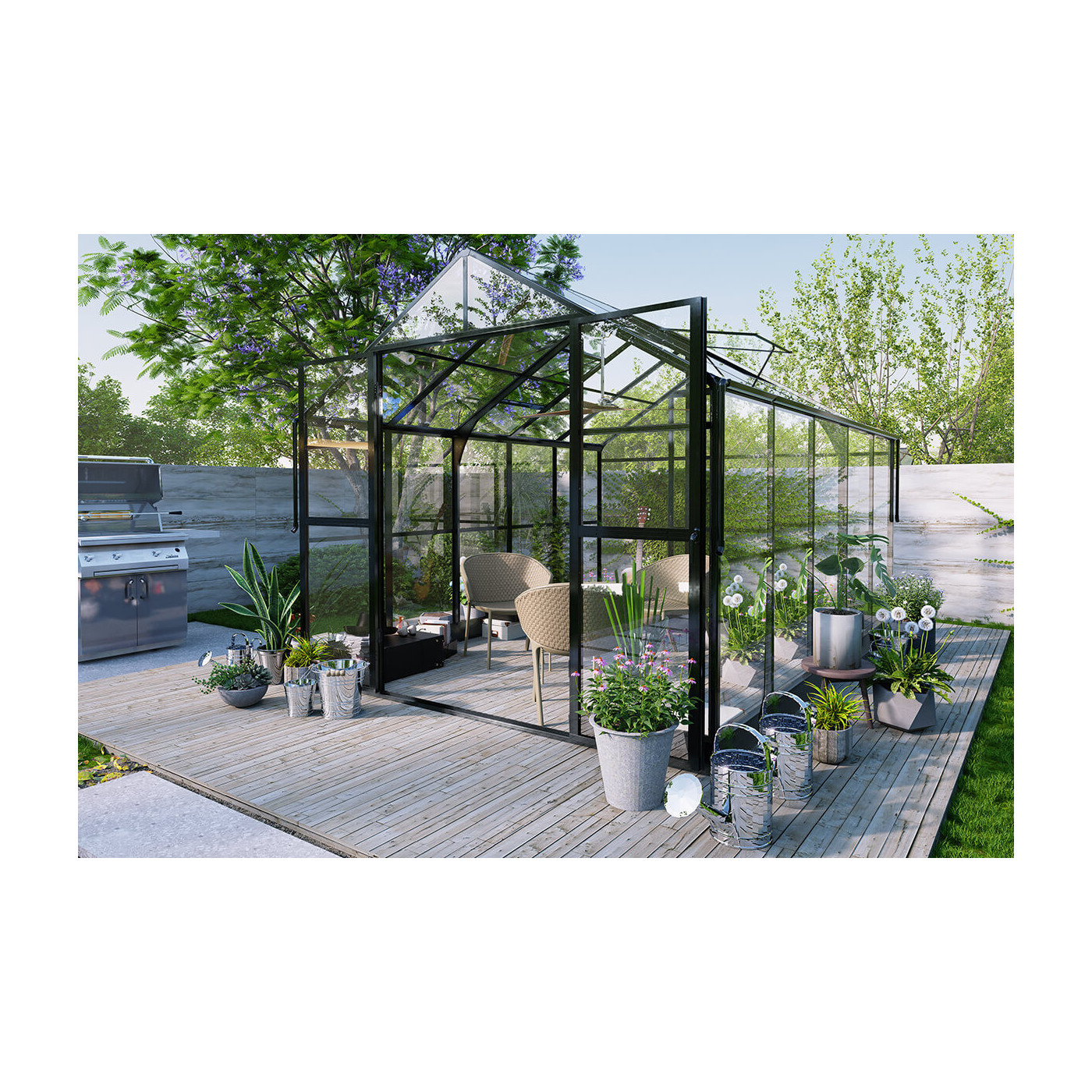 Aranżacja czarnej szklarni z poliwęglanu premium solid pc 347x278cm w aranżacji na tarasie wśród zieleni