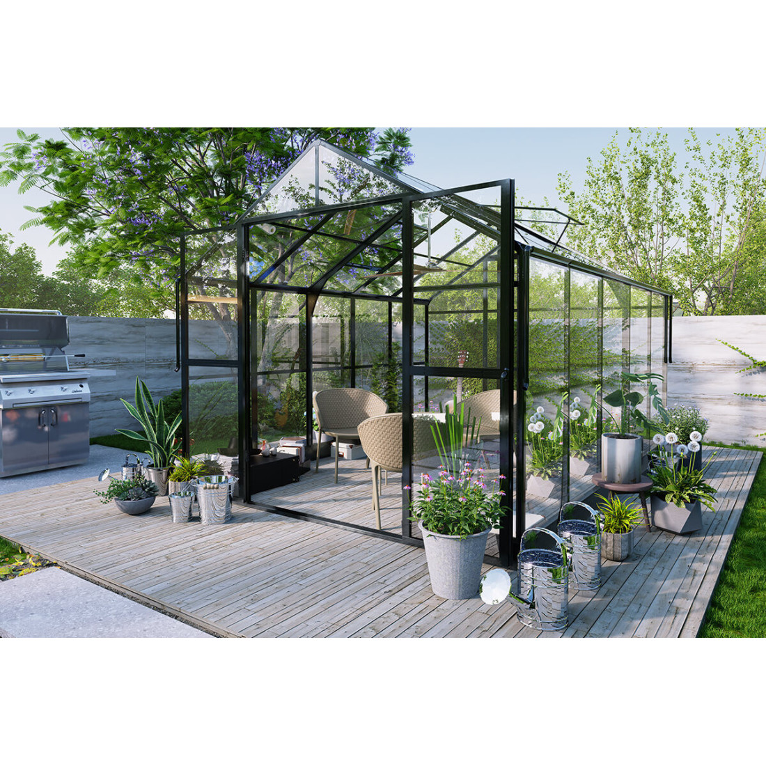 Aranżacja czarnej szklarni z poliwęglanu premium solid pc 347x278cm w aranżacji na tarasie wśród zieleni