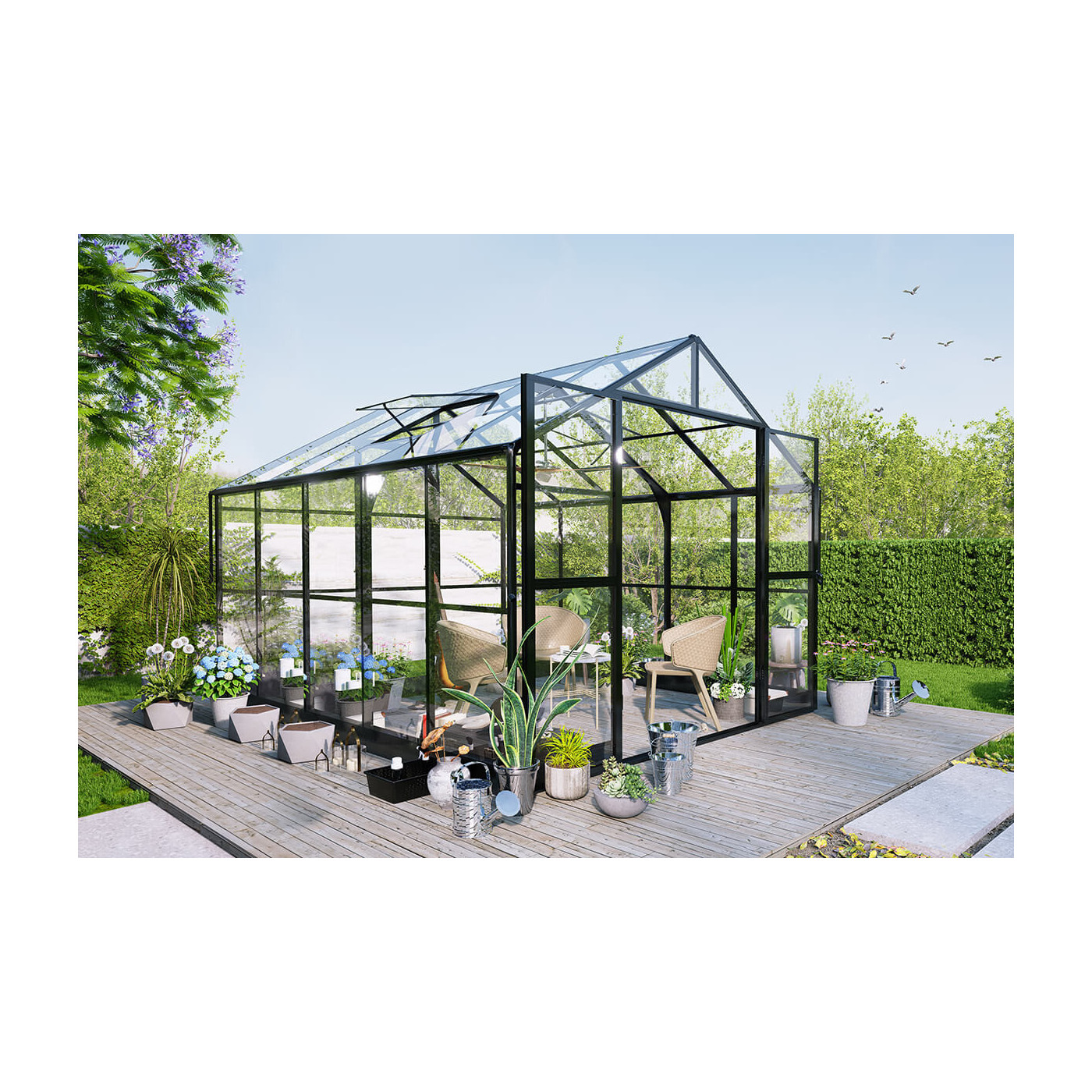 szklarnia ogrodowa premium solid pc na drewnianym tarasie otoczona roślinami w środku szklarni meble ogrodowe