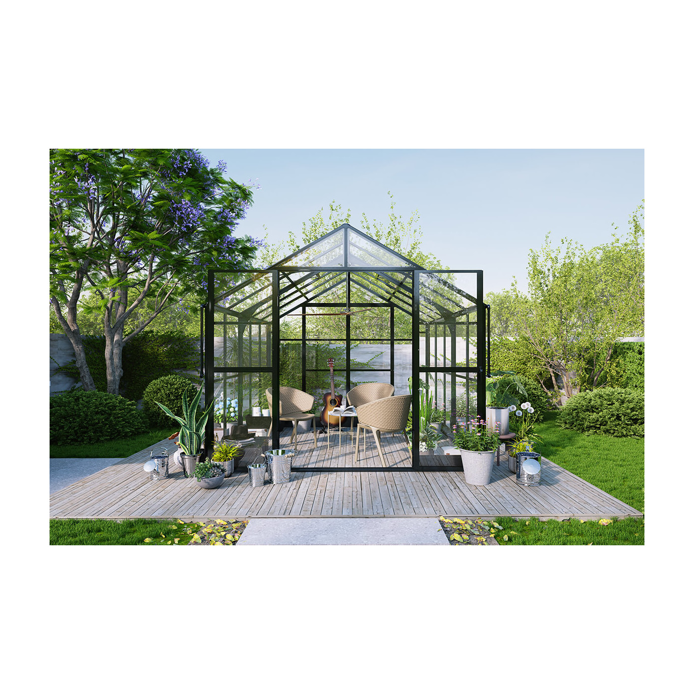 widok od przodu czarnej szklarni solid pc zaaranżowanej jako miejsce wypoczynku