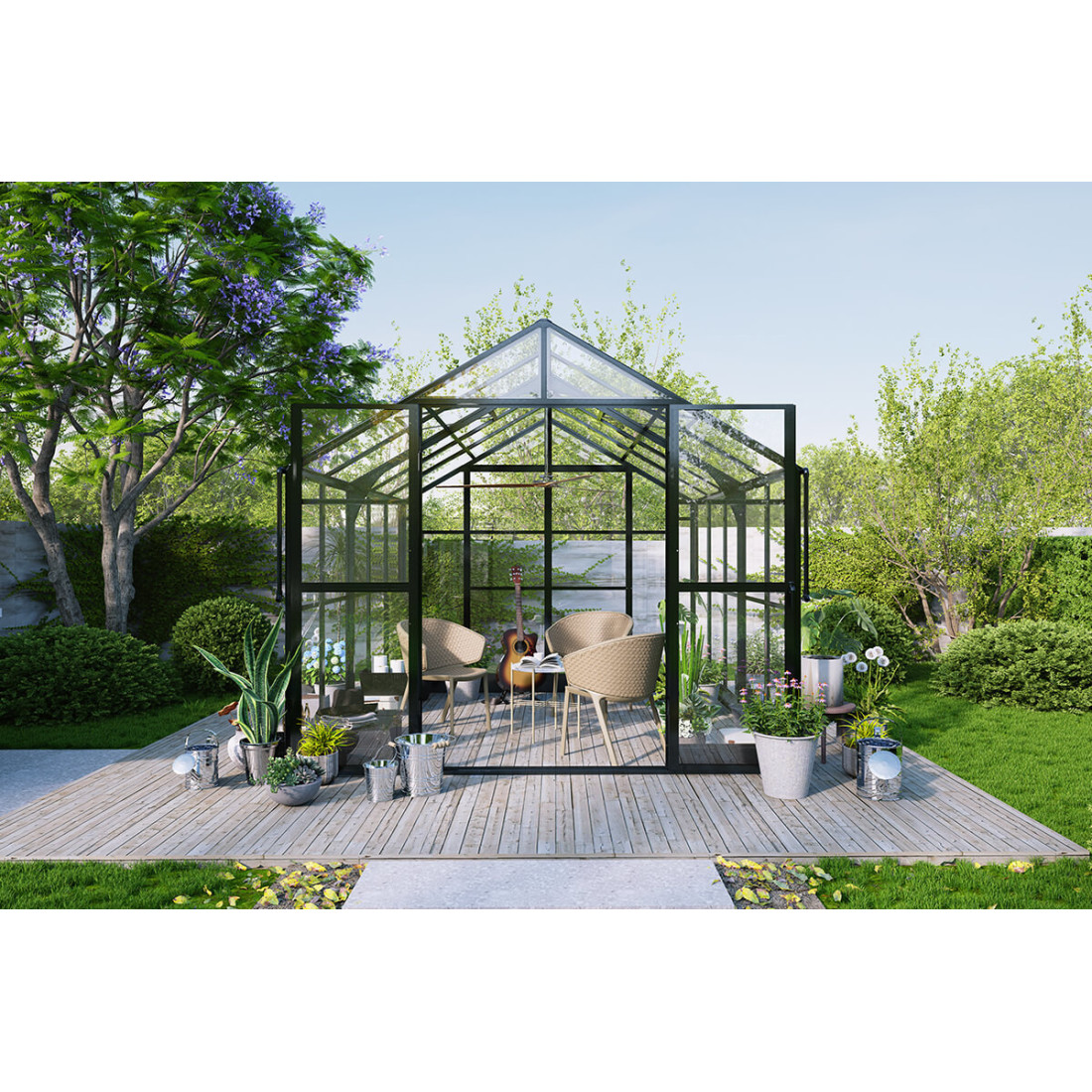 widok od przodu czarnej szklarni solid pc zaaranżowanej jako miejsce wypoczynku