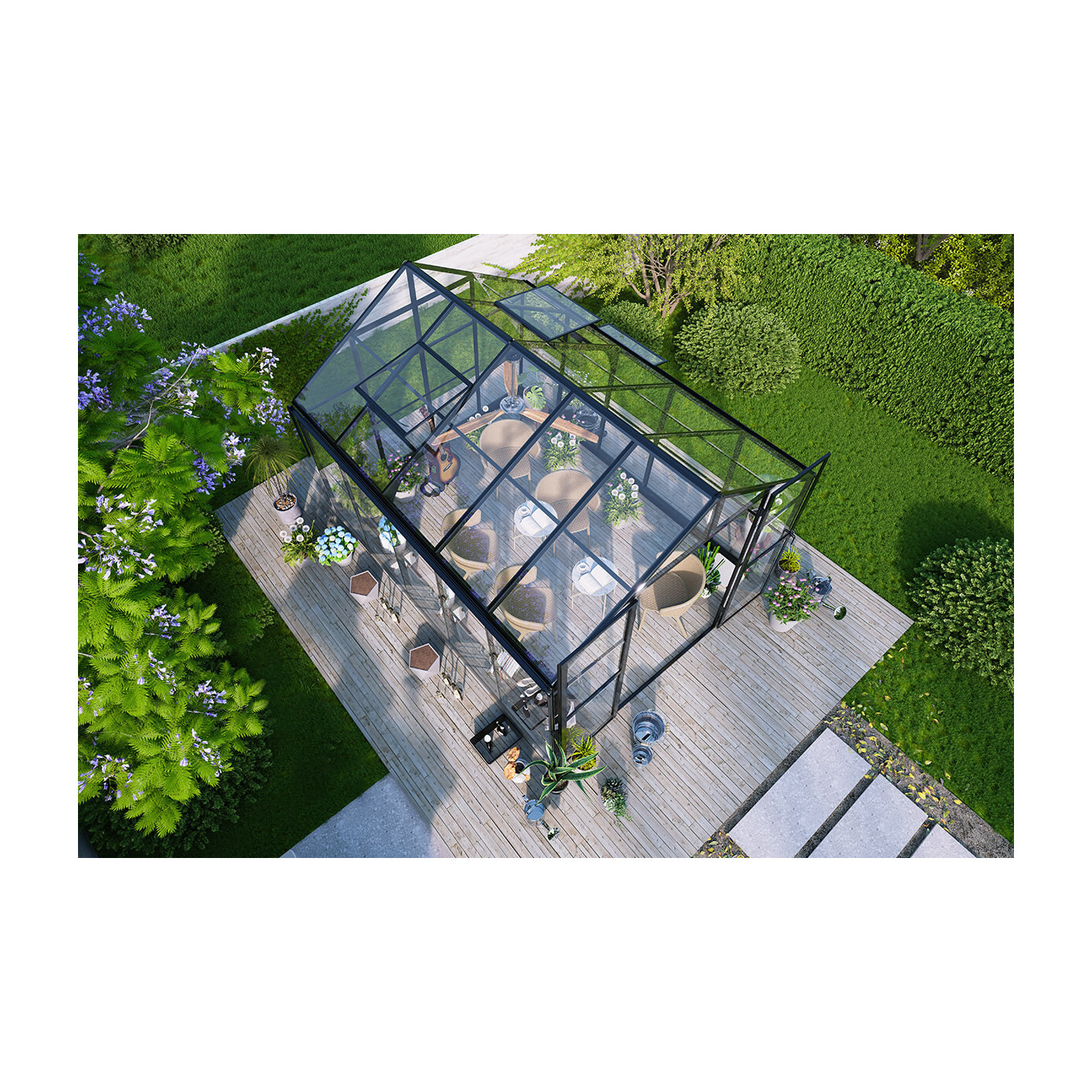 widok z góry na szklarnię solid pc z dachem z poliwęglanu wraz z oknami wentylacyjnymi